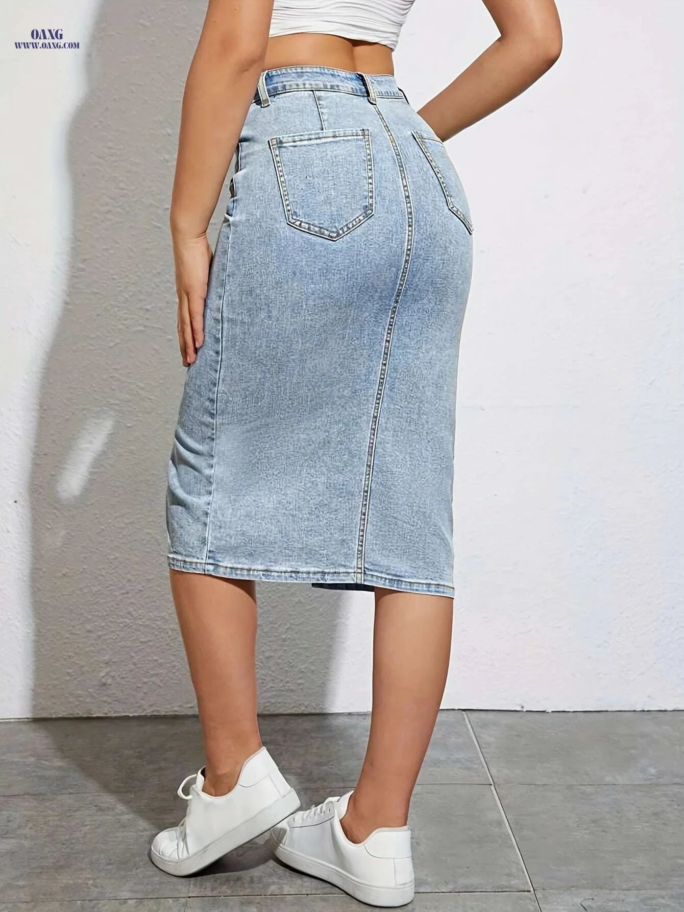 Women's High-Waist Stretch Denim Midi Skirt - Slim Fit Casual Style   OAXG Light Blue / XS