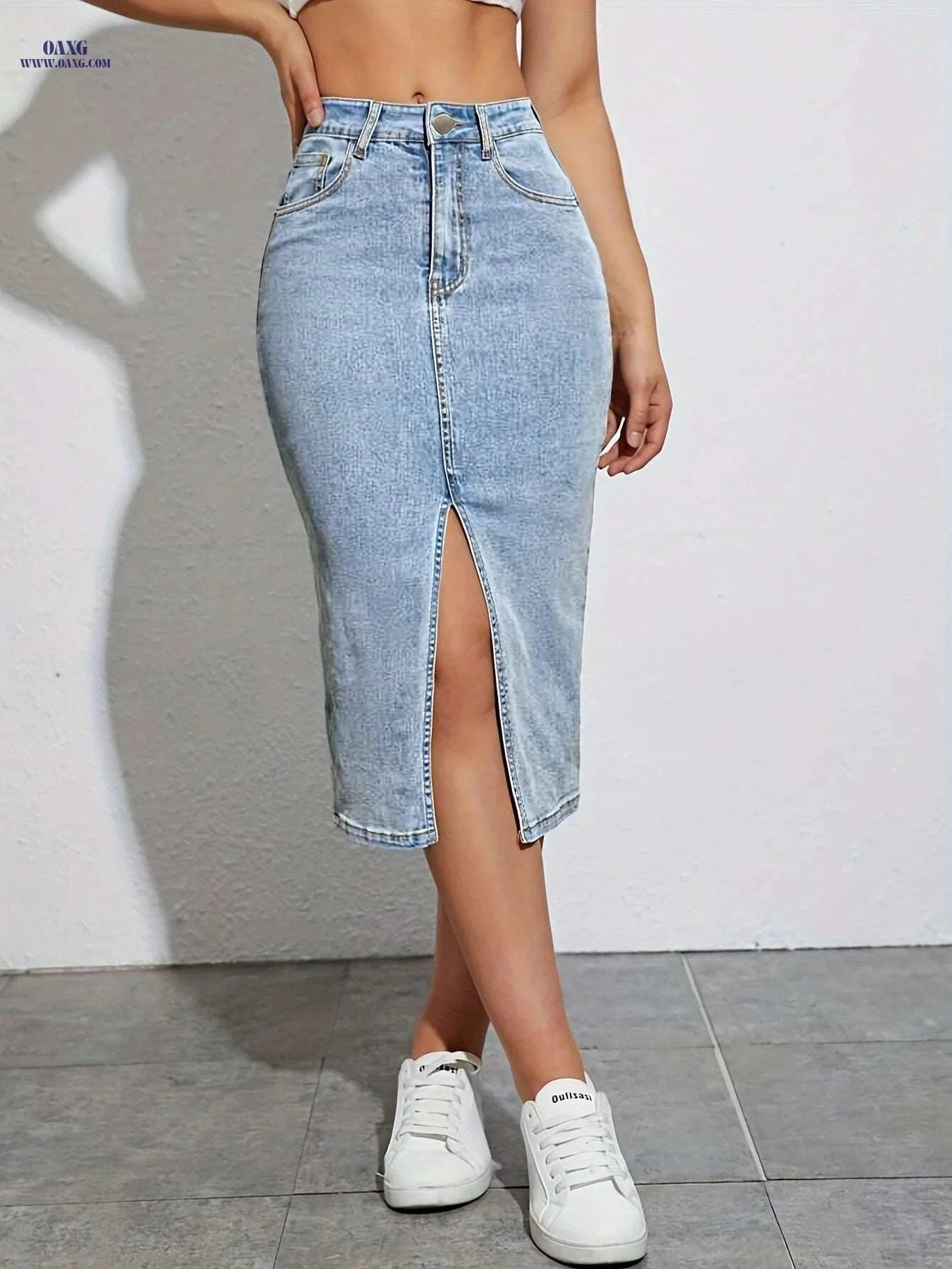 Women's High-Waist Stretch Denim Midi Skirt - Slim Fit Casual Style   OAXG Light Blue / XS