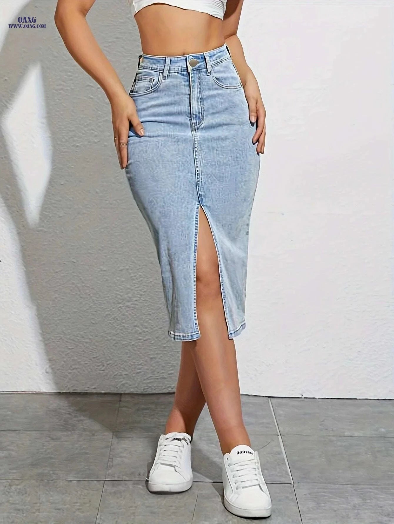 Women's High-Waist Stretch Denim Midi Skirt - Slim Fit Casual Style   OAXG 