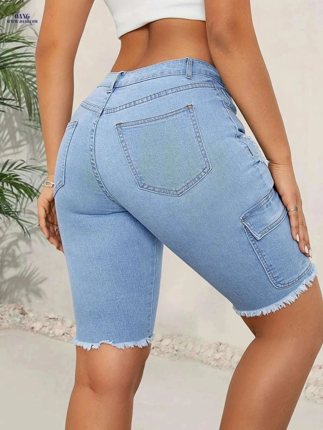 Women's High-Waist Stretch Denim Shorts - Casual Frayed Hem Design   OAXG Blue / XS