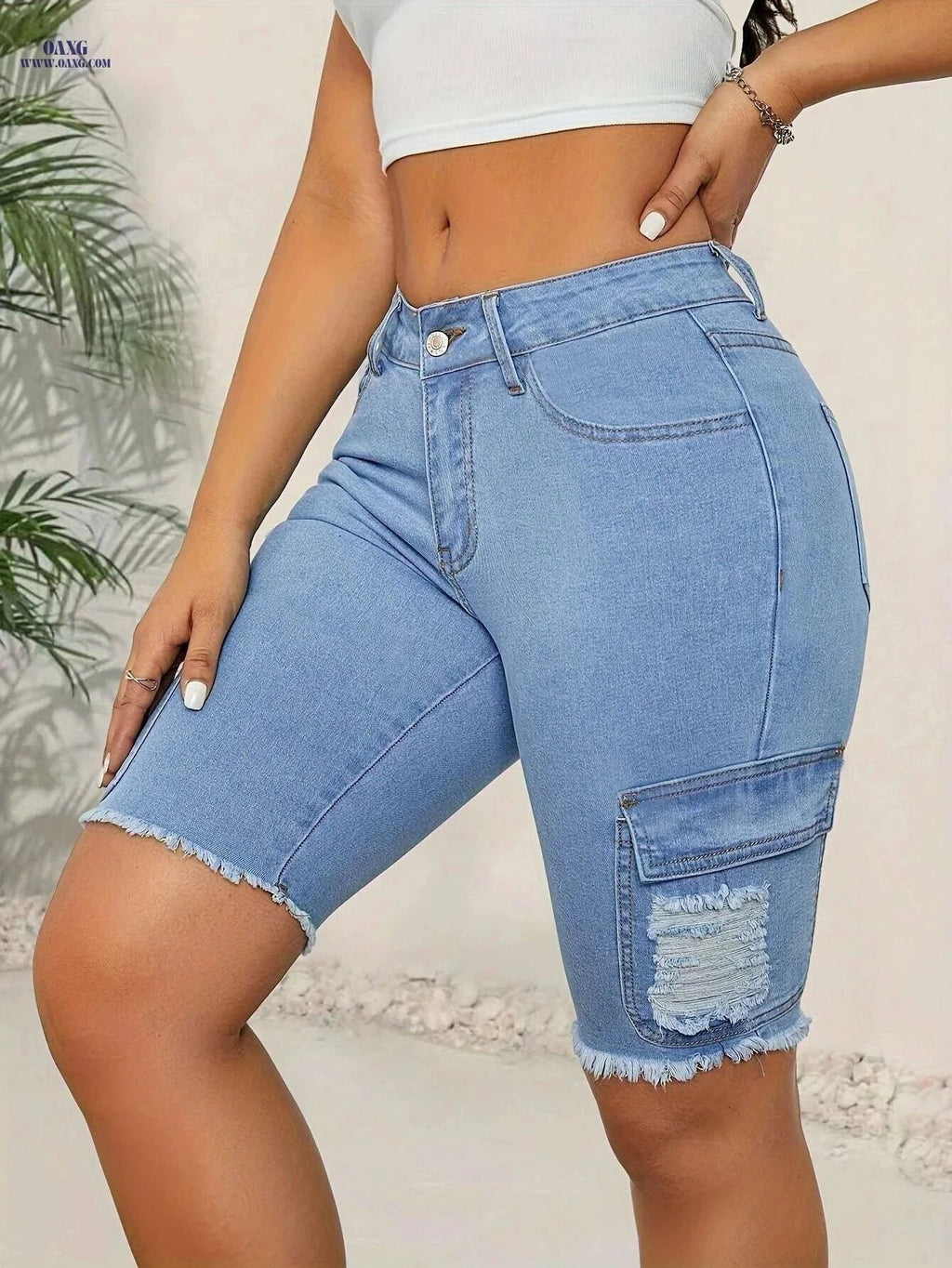 Women's High-Waist Stretch Denim Shorts - Casual Frayed Hem Design   OAXG Blue / XS
