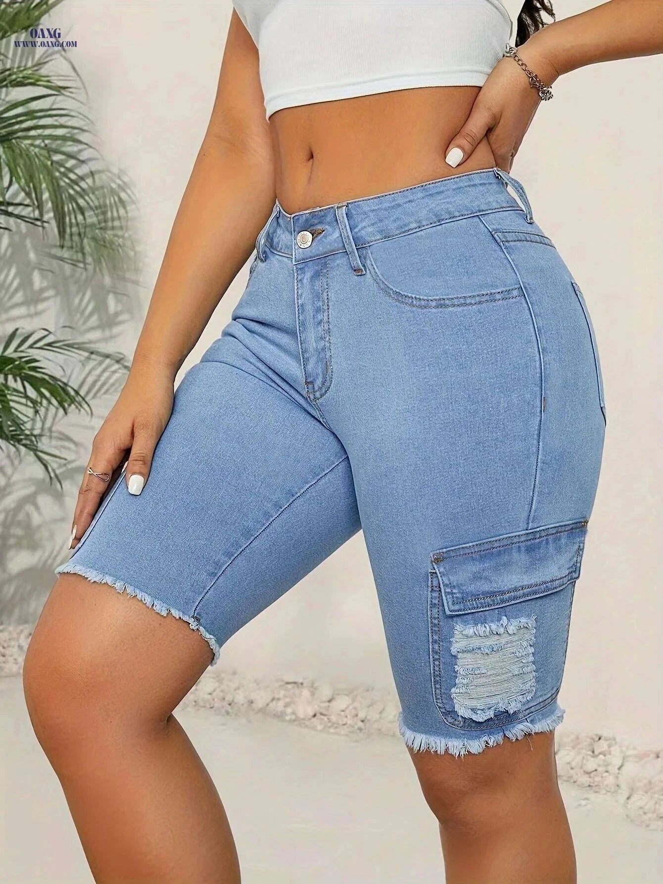 Women's High-Waist Stretch Denim Shorts - Casual Frayed Hem Design   OAXG Blue / XS