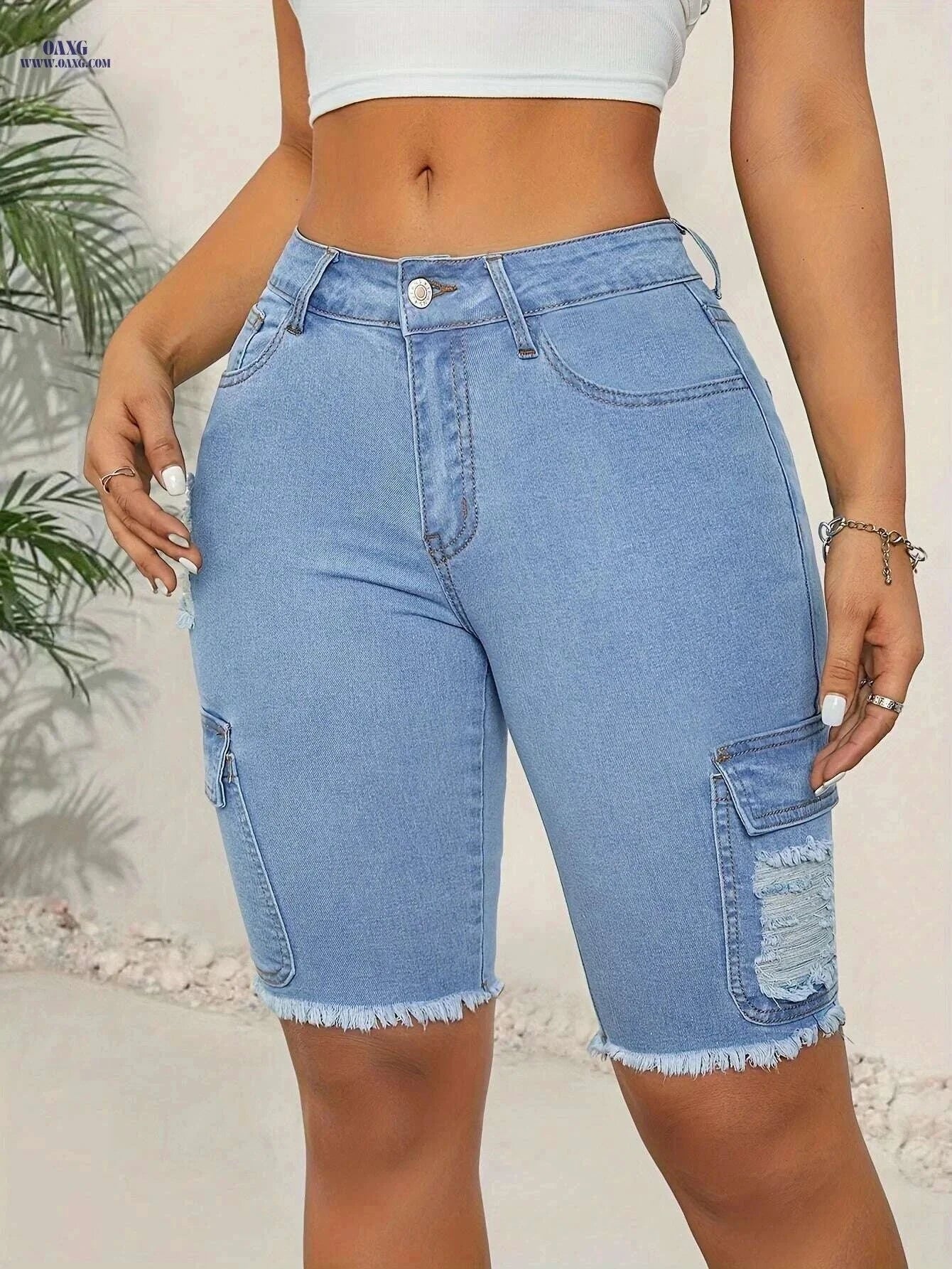 Women's High-Waist Stretch Denim Shorts - Casual Frayed Hem Design   OAXG Blue / XS