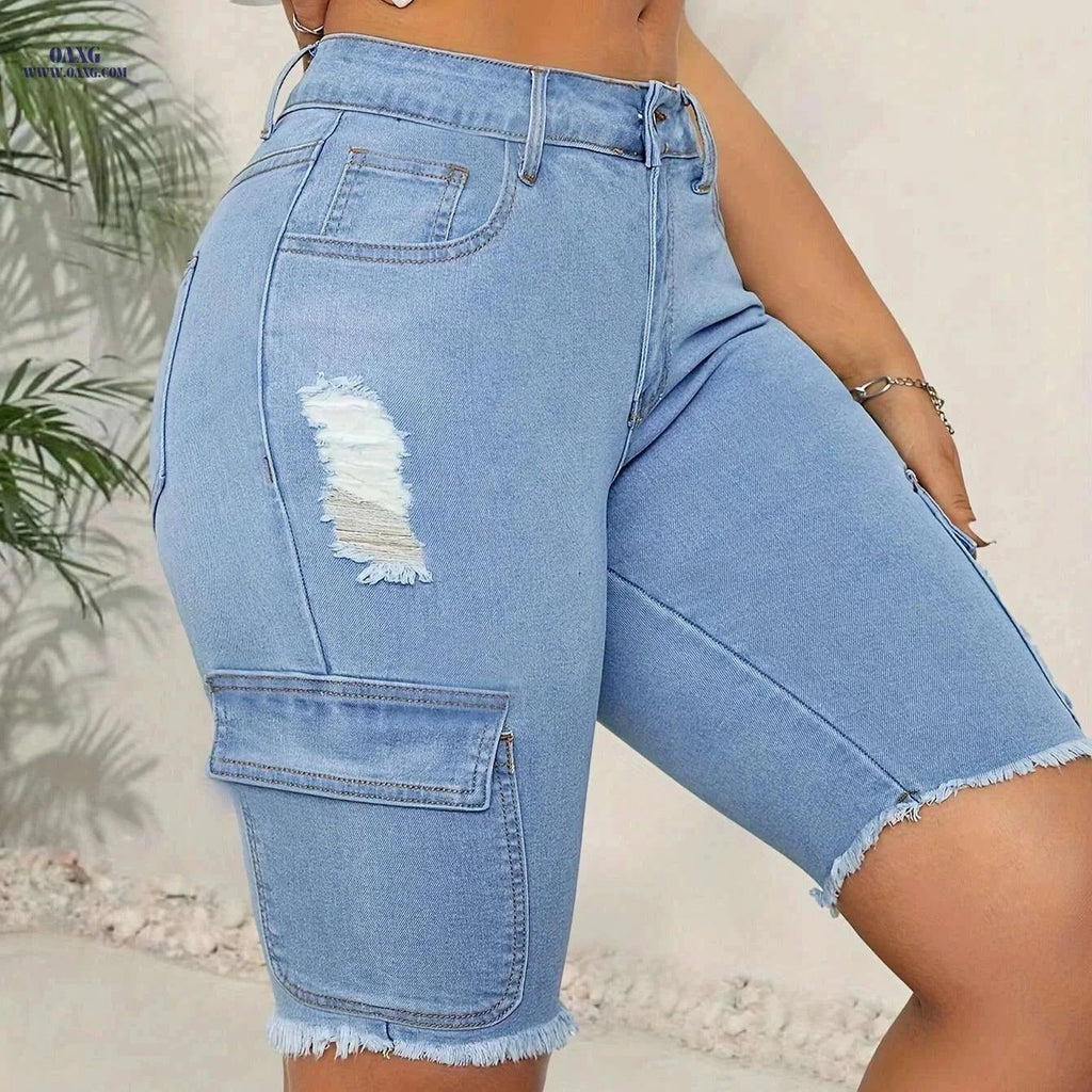 Women's High-Waist Stretch Denim Shorts - Casual Frayed Hem Design   OAXG Blue / XS
