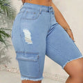 Women's High-Waist Stretch Denim Shorts - Casual Frayed Hem Design   OAXG Blue / XS
