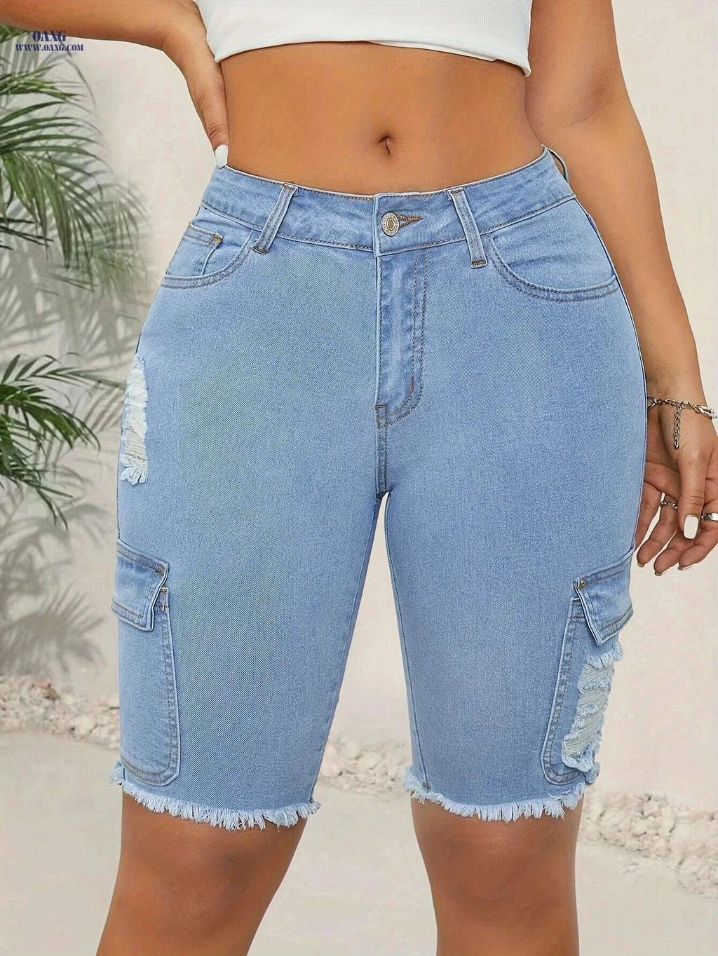 Women's High-Waist Stretch Denim Shorts - Casual Frayed Hem Design   OAXG Blue / XS