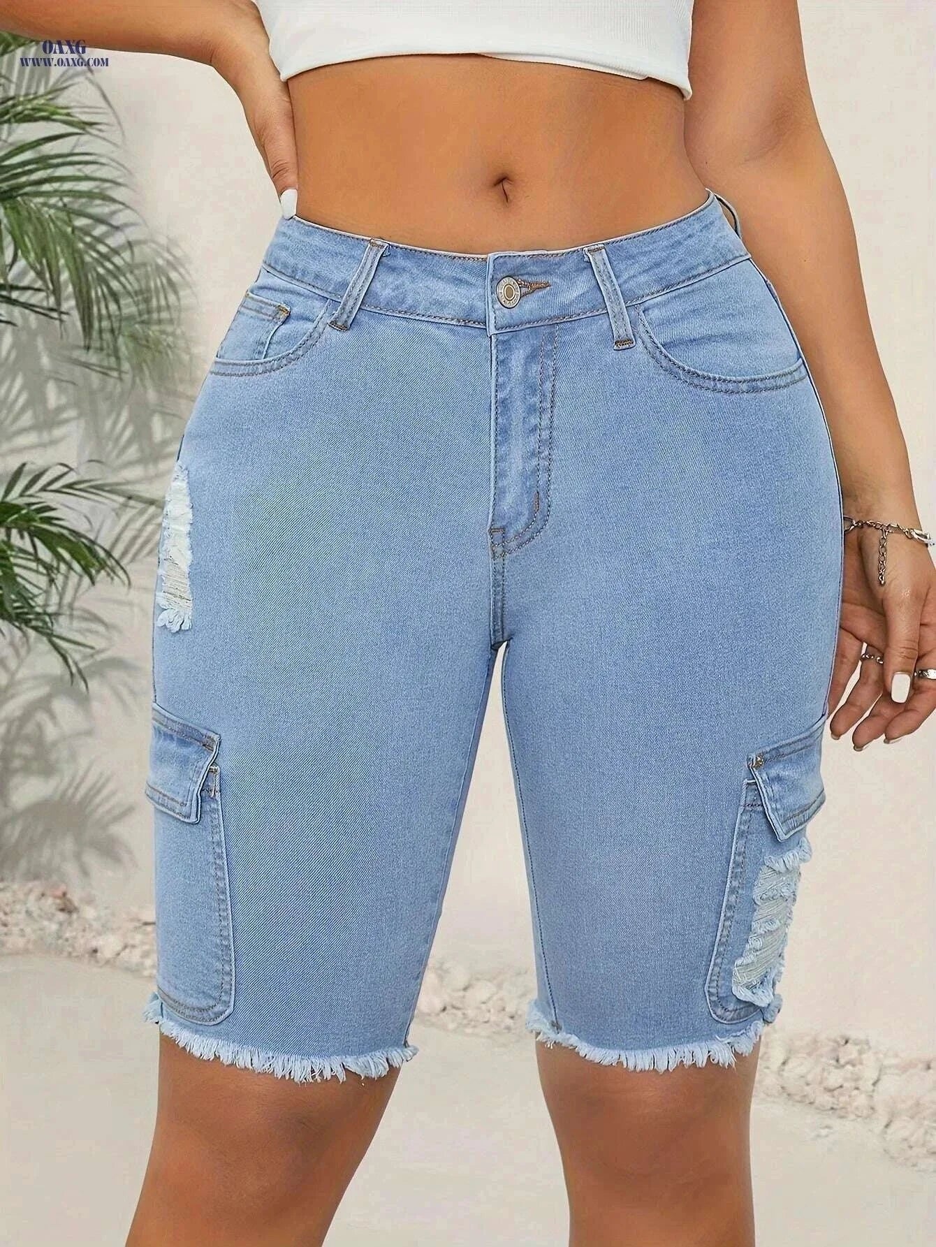 Women's High-Waist Stretch Denim Shorts - Casual Frayed Hem Design   OAXG Blue / XS