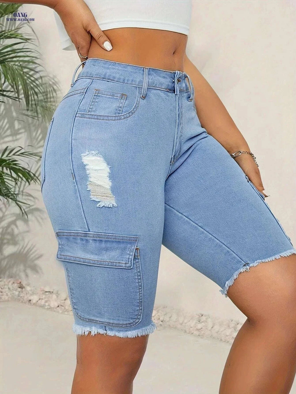 Women's High-Waist Stretch Denim Shorts - Casual Frayed Hem Design   OAXG Blue / XS