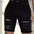 Women's High-Waist Stretch Denim Shorts - Frayed Knee Rips, Black   OAXG 