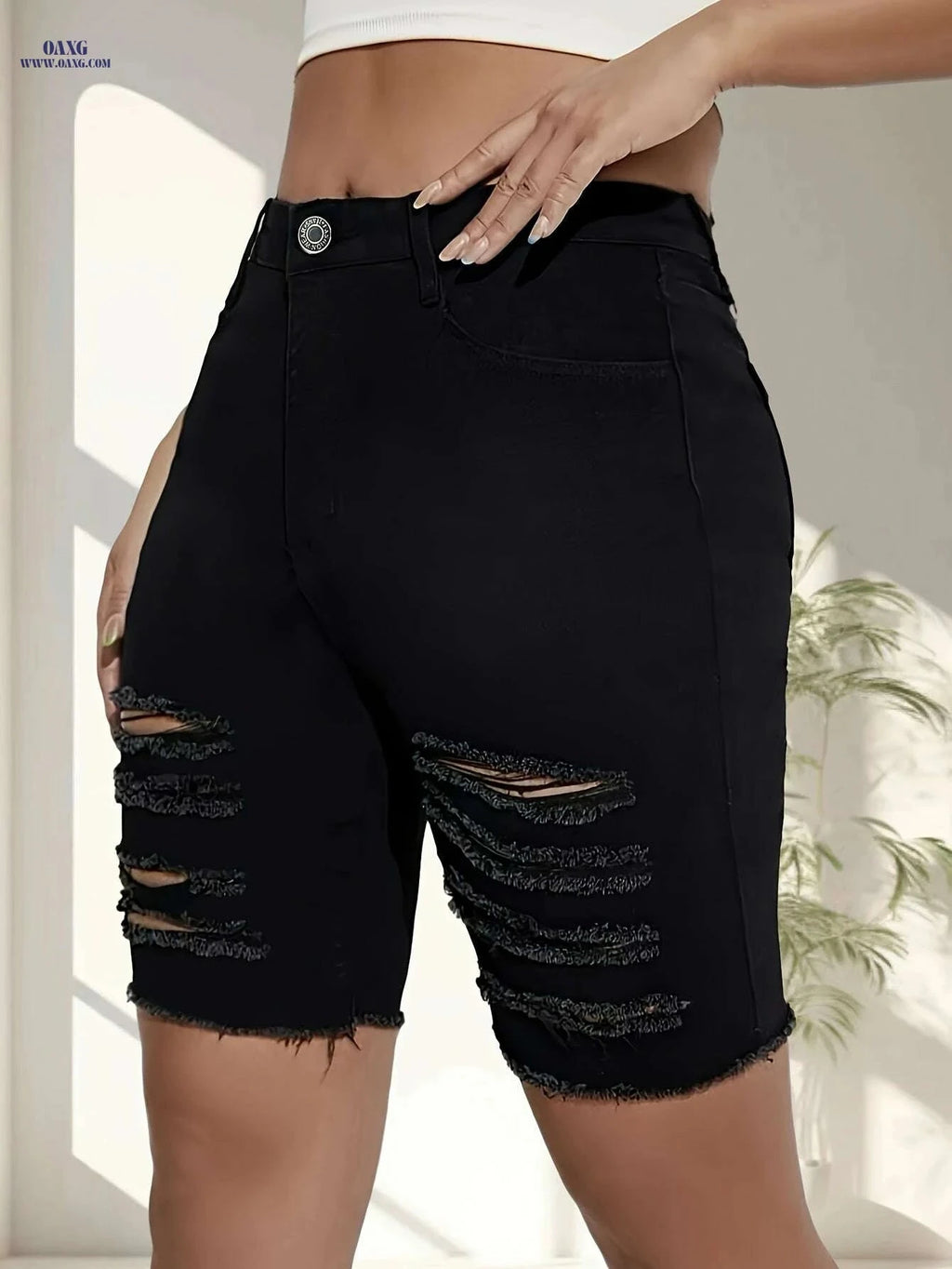 Women's High-Waist Stretch Denim Shorts - Frayed Knee Rips, Black   OAXG 