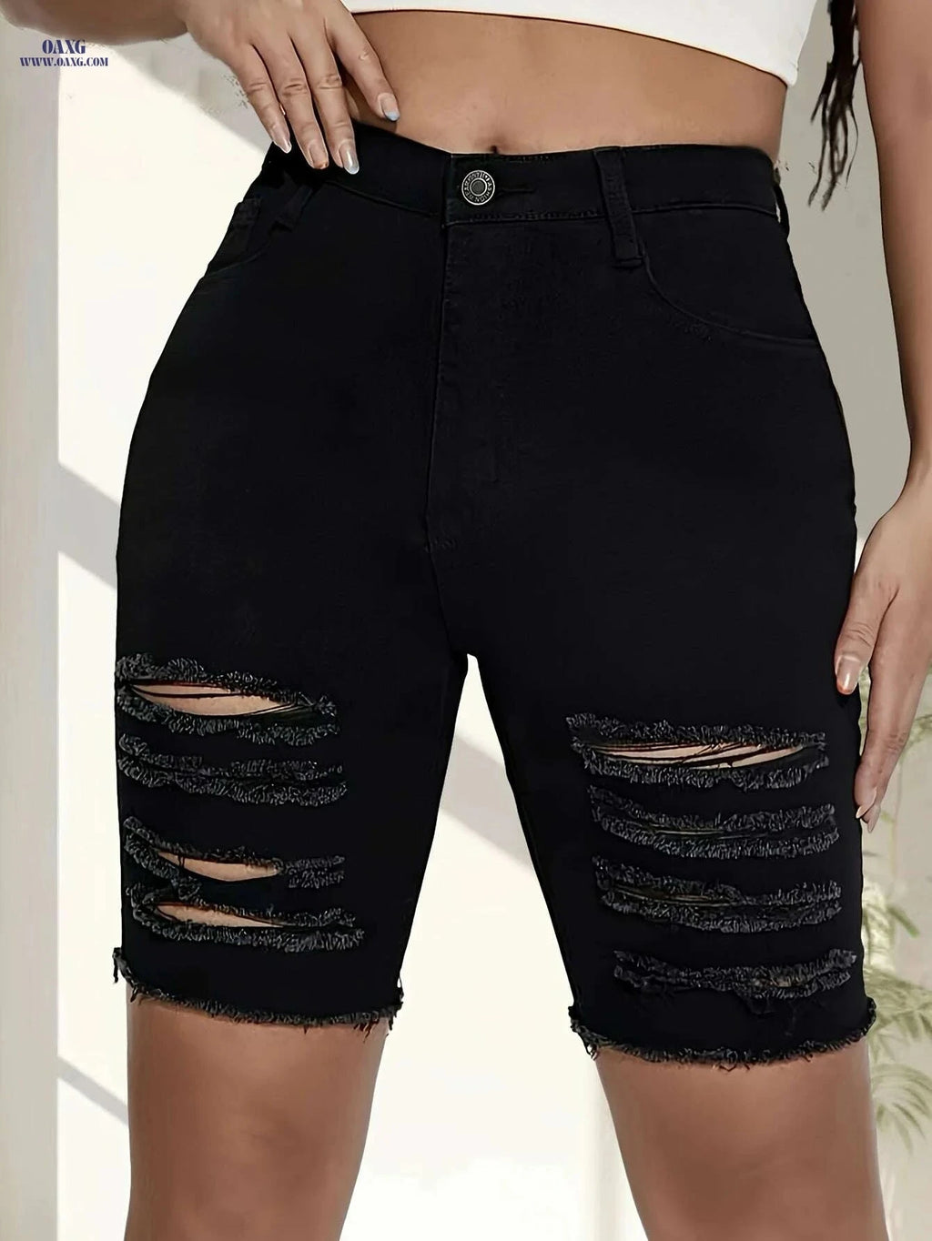 Women's High-Waist Stretch Denim Shorts - Frayed Knee Rips, Black   OAXG 