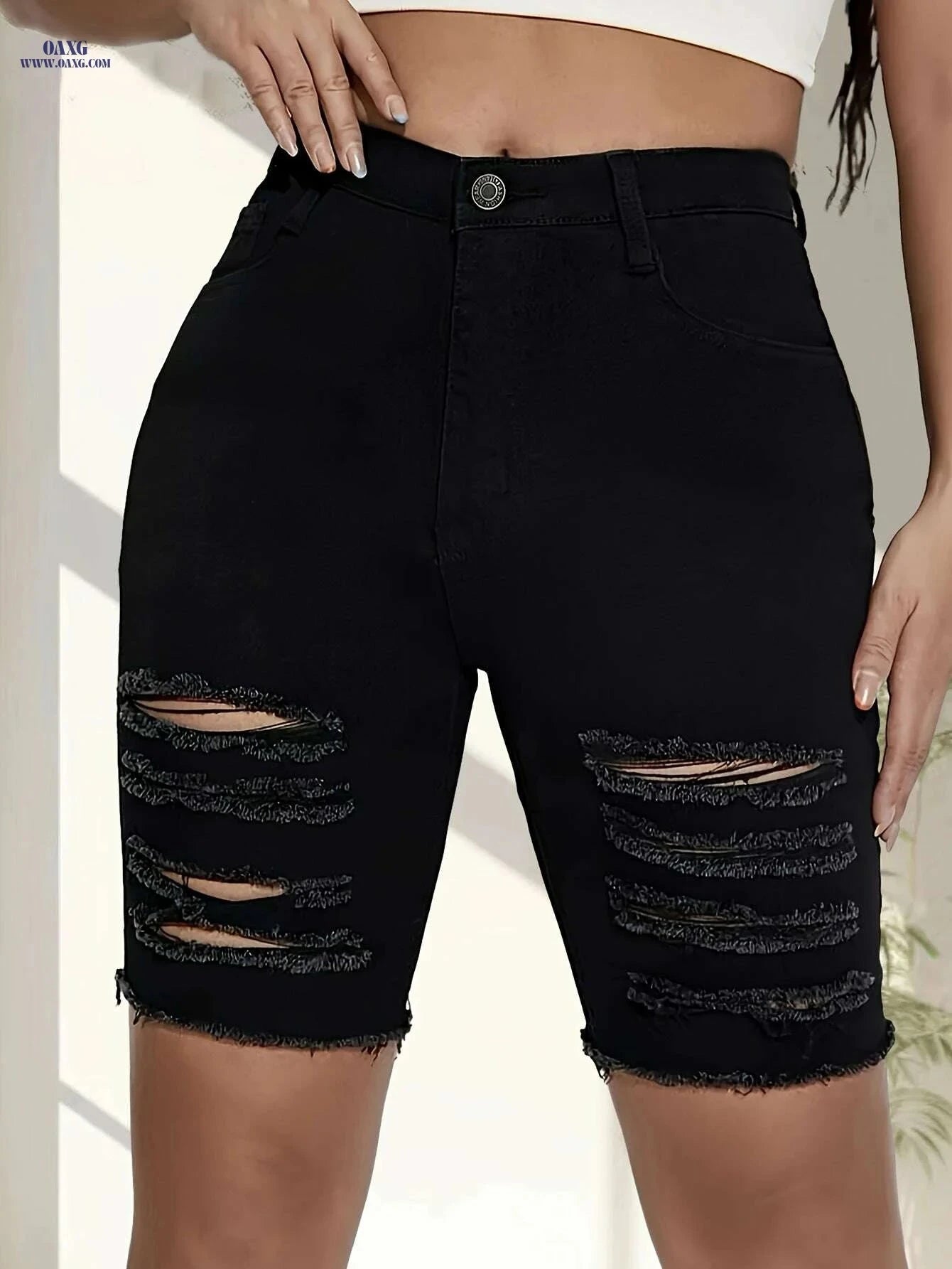Women's High-Waist Stretch Denim Shorts - Frayed Knee Rips, Black   OAXG 
