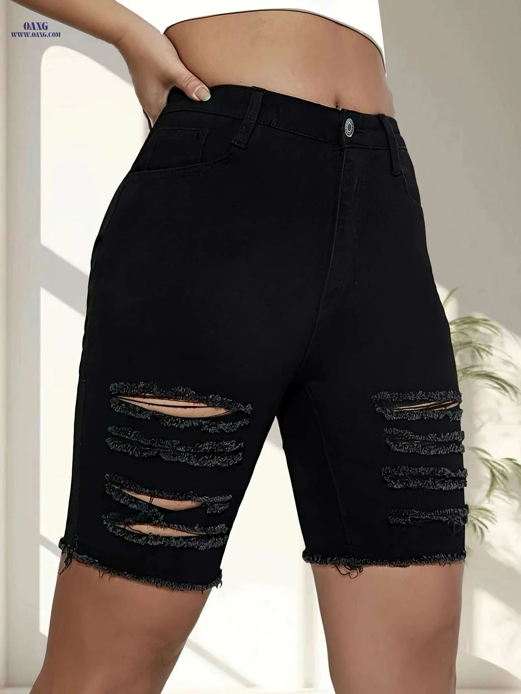 Women's High-Waist Stretch Denim Shorts - Frayed Knee Rips, Black   OAXG 