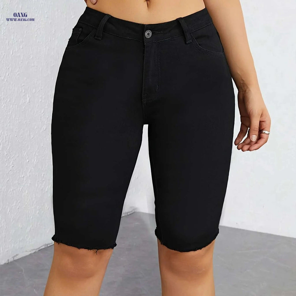 Women's High-Waist Stretch Denim Shorts - Skinny Fit, Button Closure   OAXG 