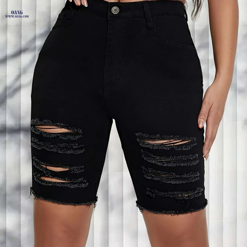 Women's High-Waist Stretch Denim Shorts - Slim Fit, Distressed Rips   OAXG 