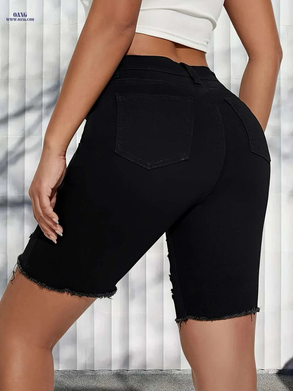 Women's High-Waist Stretch Denim Shorts - Slim Fit, Distressed Rips   OAXG 