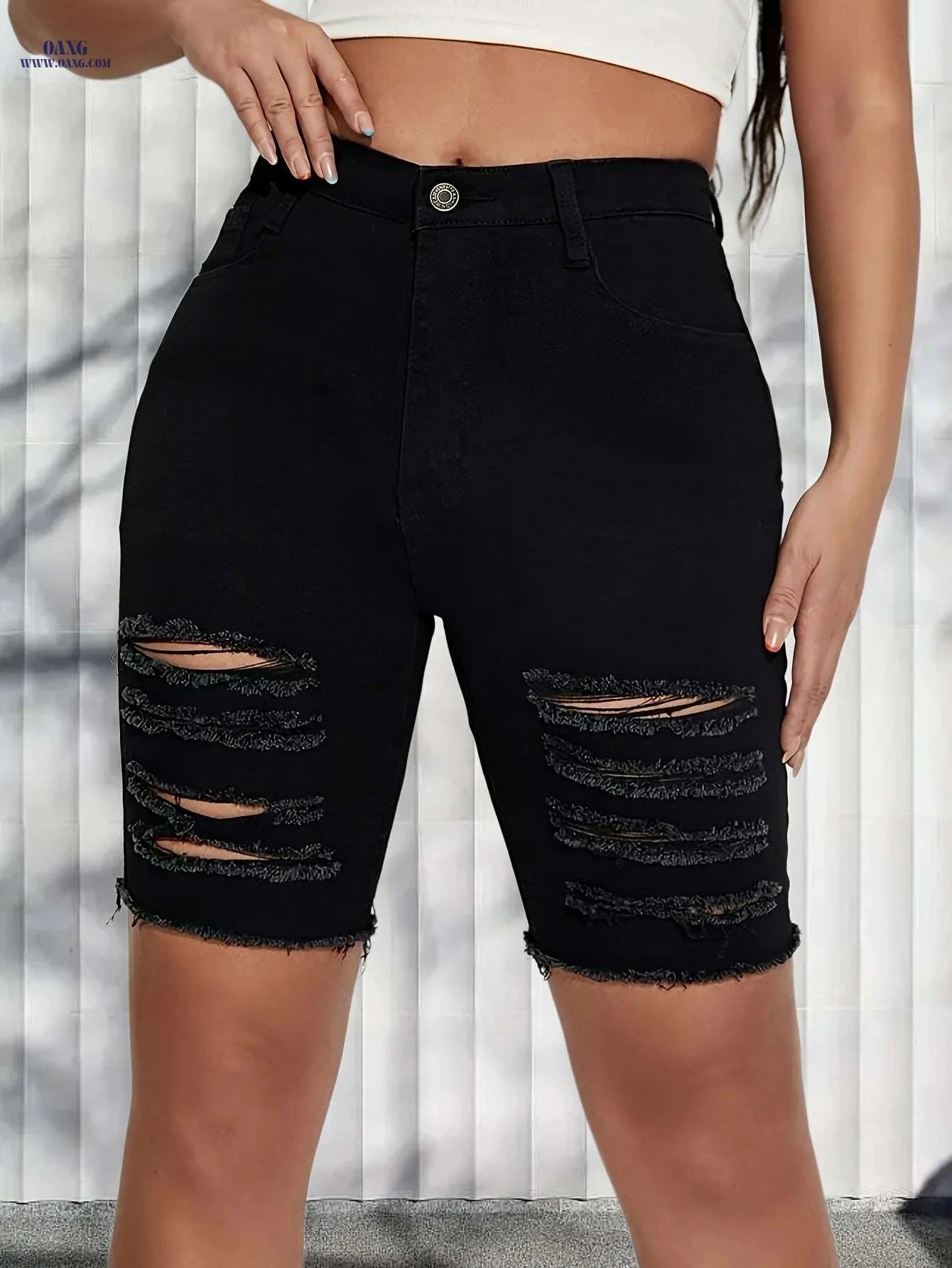 Women's High-Waist Stretch Denim Shorts - Slim Fit, Distressed Rips   OAXG 