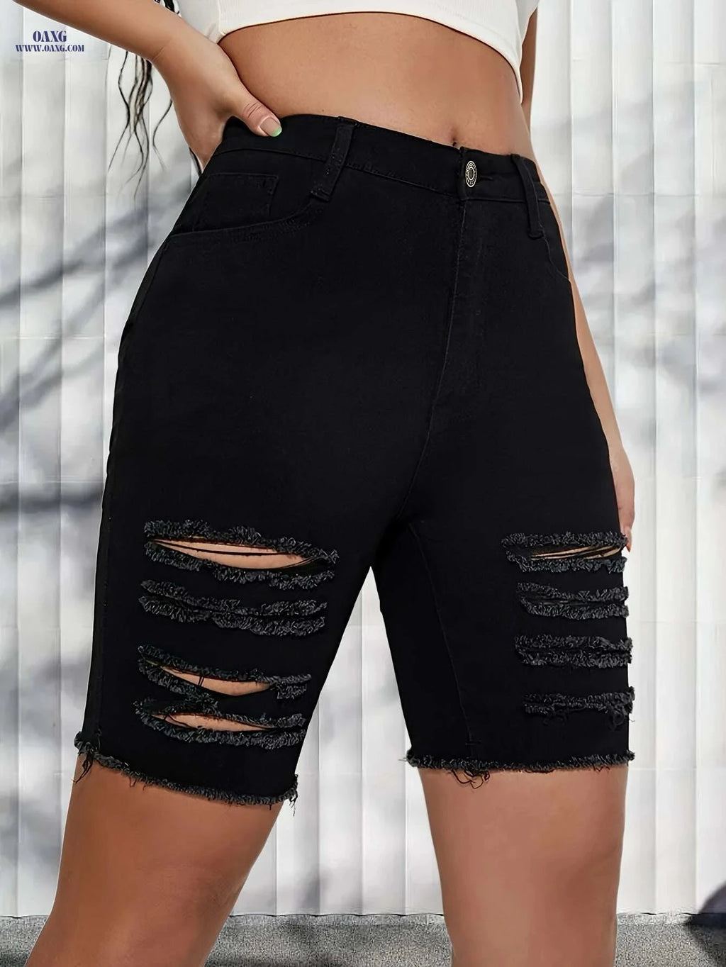 Women's High-Waist Stretch Denim Shorts - Slim Fit, Distressed Rips   OAXG 