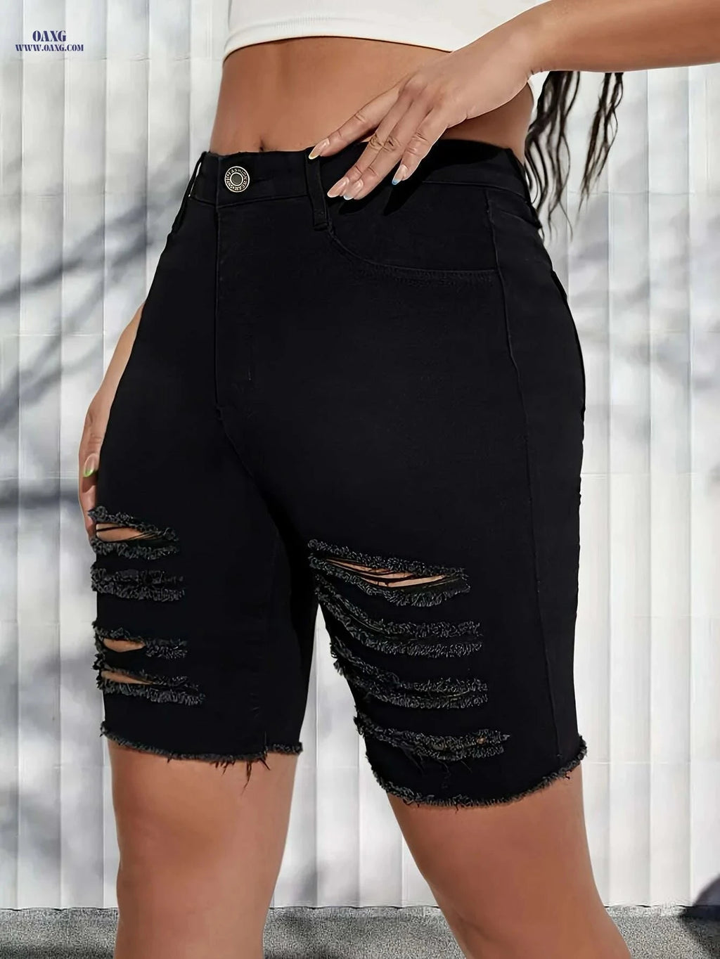 Women's High-Waist Stretch Denim Shorts - Slim Fit, Distressed Rips   OAXG 