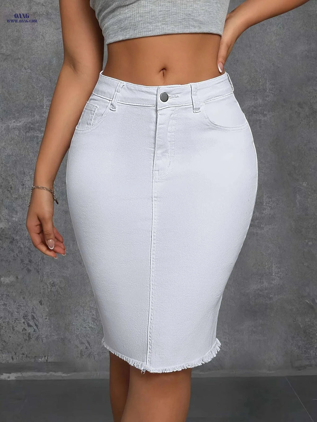 Women's High-Waist Stretch Denim Skirt - Raw Hem, Slim Fit Casual   OAXG White / XS