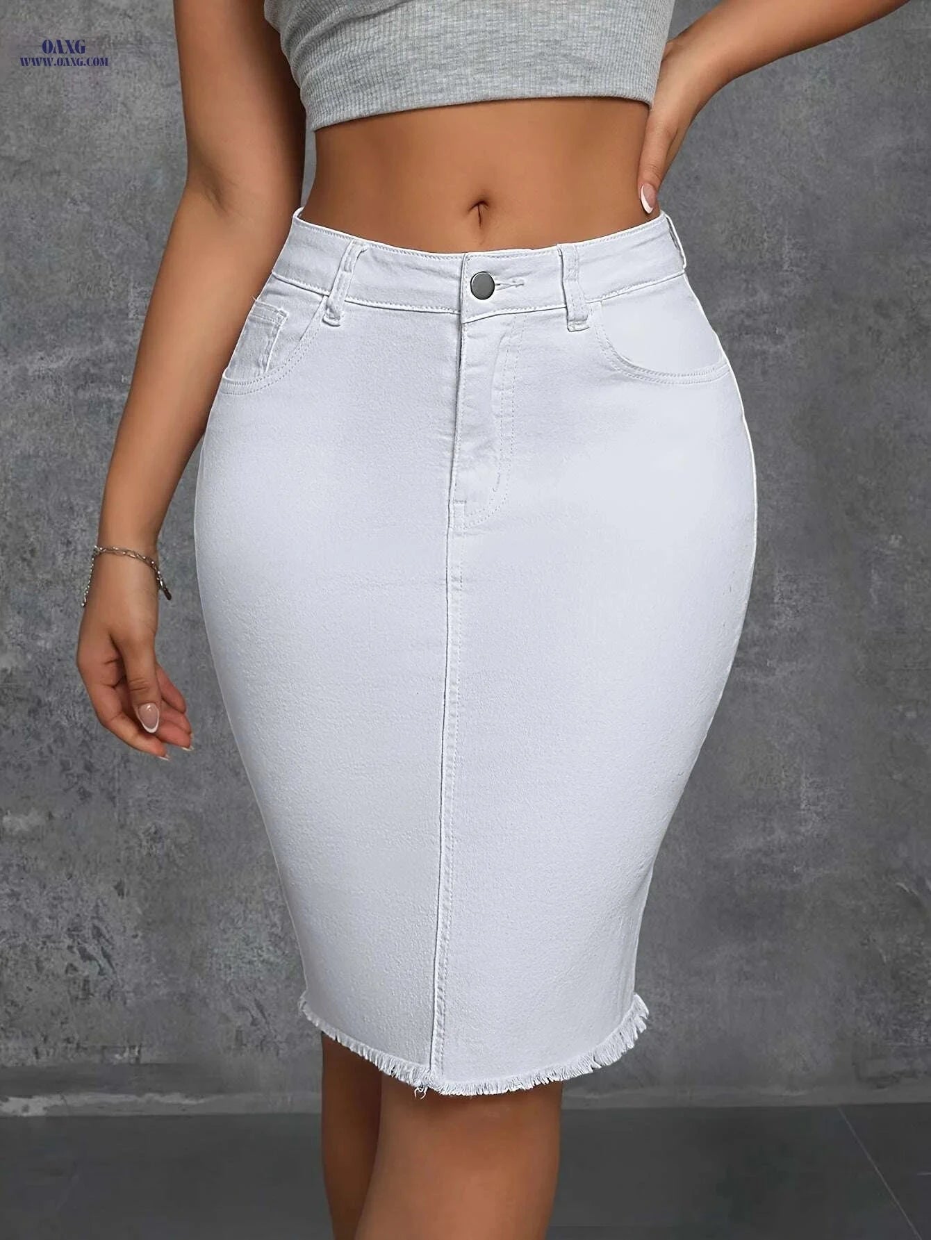 Women's High-Waist Stretch Denim Skirt - Raw Hem, Slim Fit Casual   OAXG White / XS
