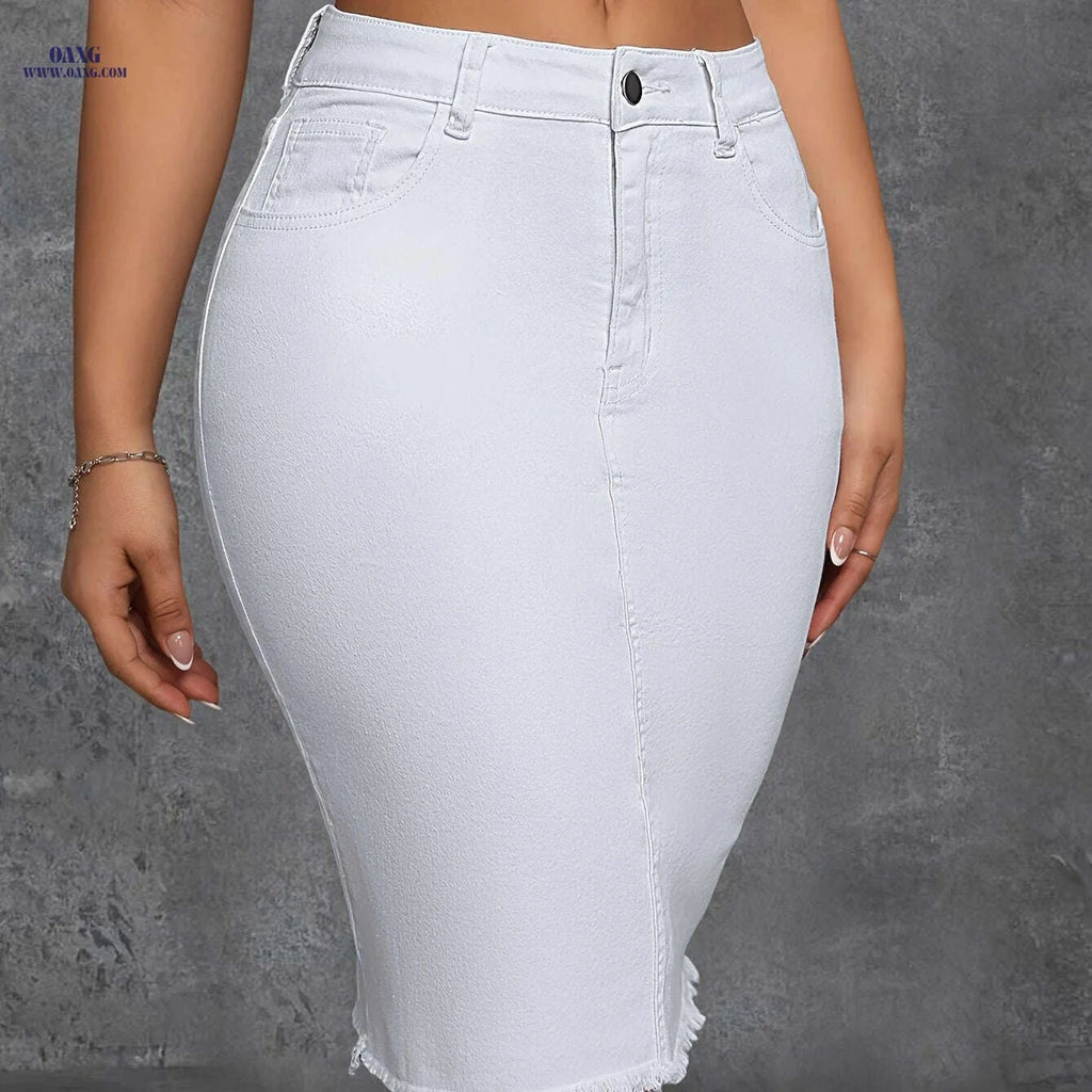 Women's High-Waist Stretch Denim Skirt - Raw Hem, Slim Fit Casual   OAXG White / XS