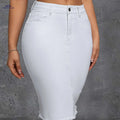 Women's High-Waist Stretch Denim Skirt - Raw Hem, Slim Fit Casual   OAXG White / XS