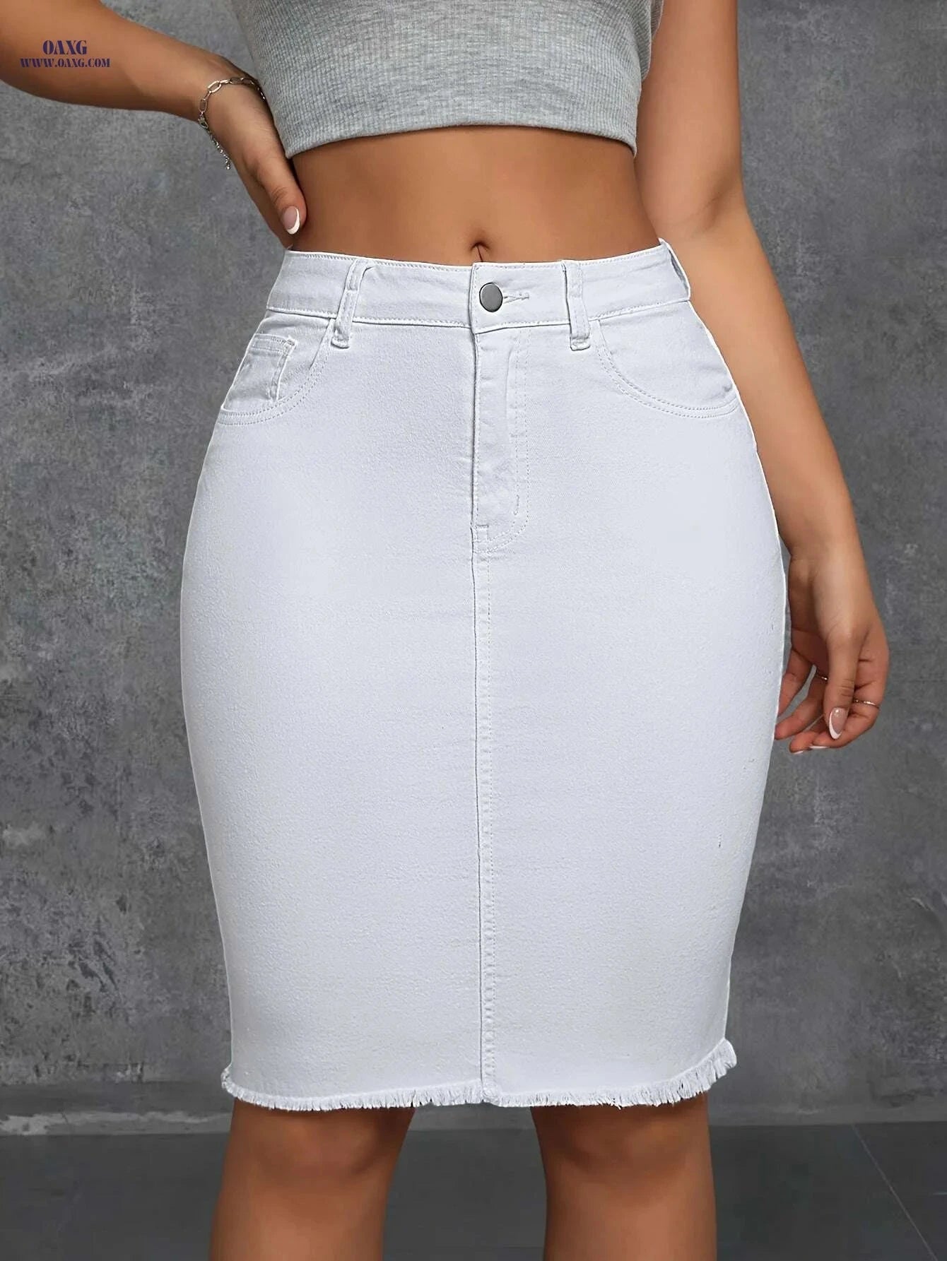 Women's High-Waist Stretch Denim Skirt - Raw Hem, Slim Fit Casual   OAXG White / XS