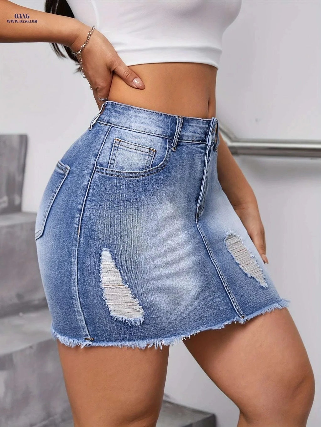 Women's High-Waist Stretch Denim Skirt - Ripped Detail, Slim Fit   OAXG 
