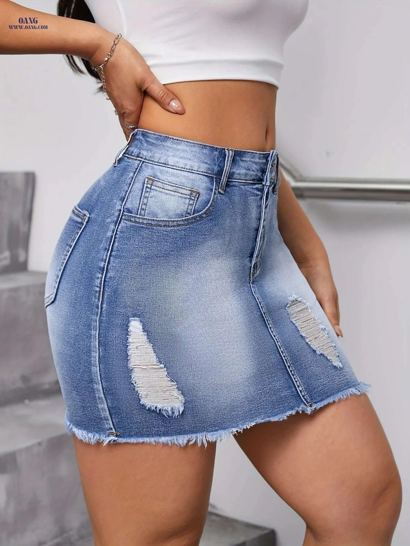 Women's High-Waist Stretch Denim Skirt - Ripped Detail, Slim Fit   OAXG 