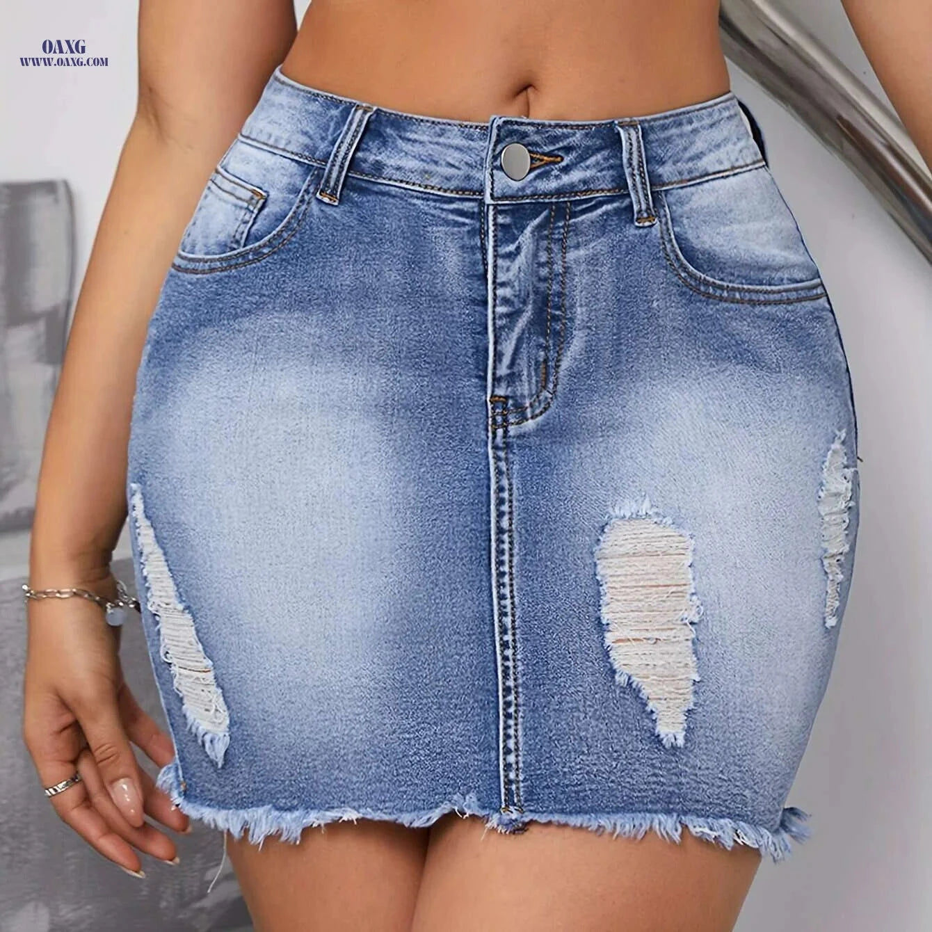 Women's High-Waist Stretch Denim Skirt - Ripped Detail, Slim Fit   OAXG Blue / XS