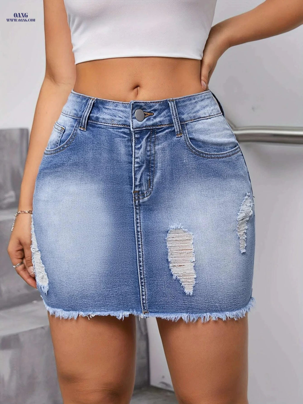 Women's High-Waist Stretch Denim Skirt - Ripped Detail, Slim Fit   OAXG Blue / XS