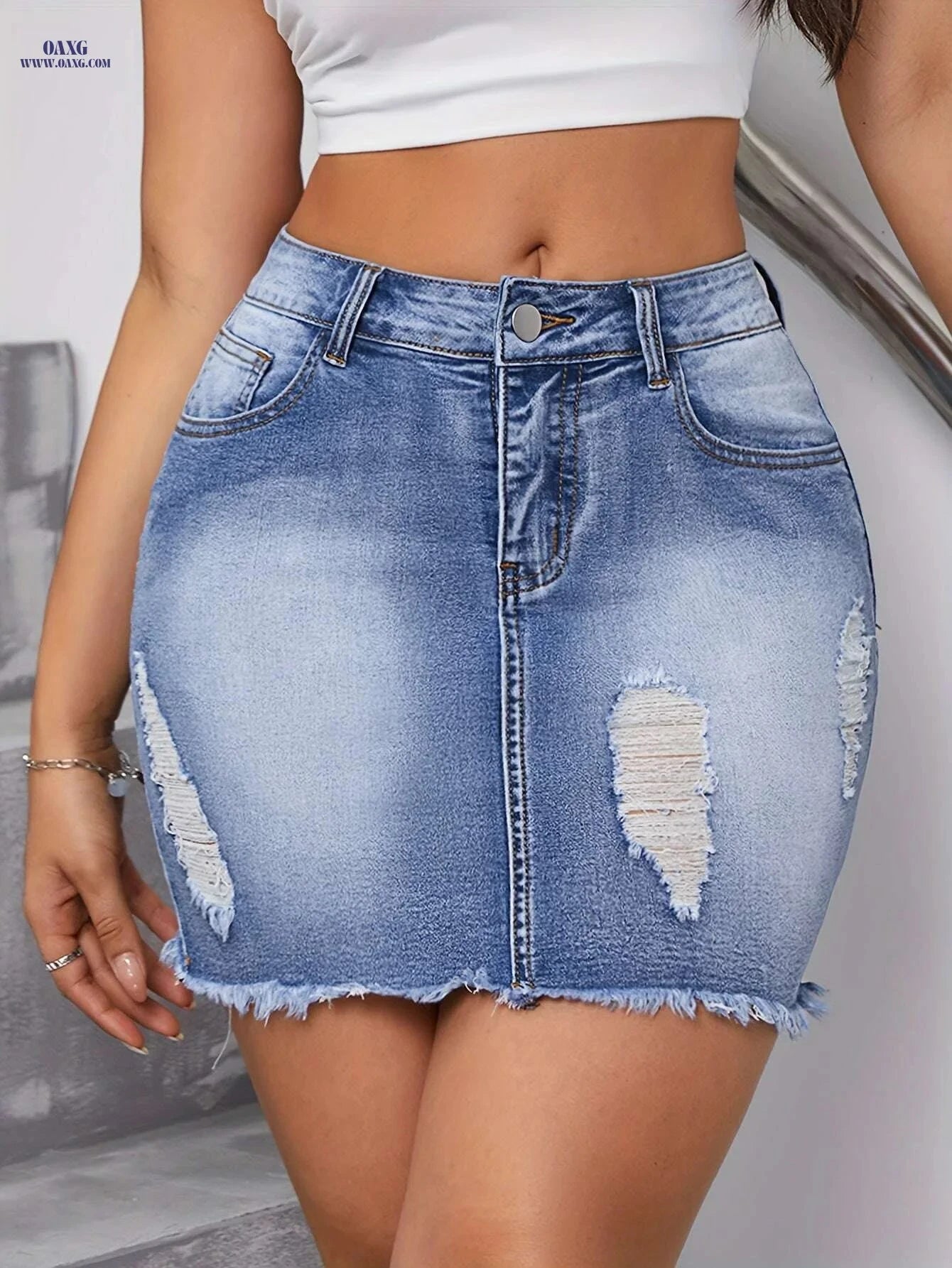 Women's High-Waist Stretch Denim Skirt - Ripped Detail, Slim Fit   OAXG Blue / XS