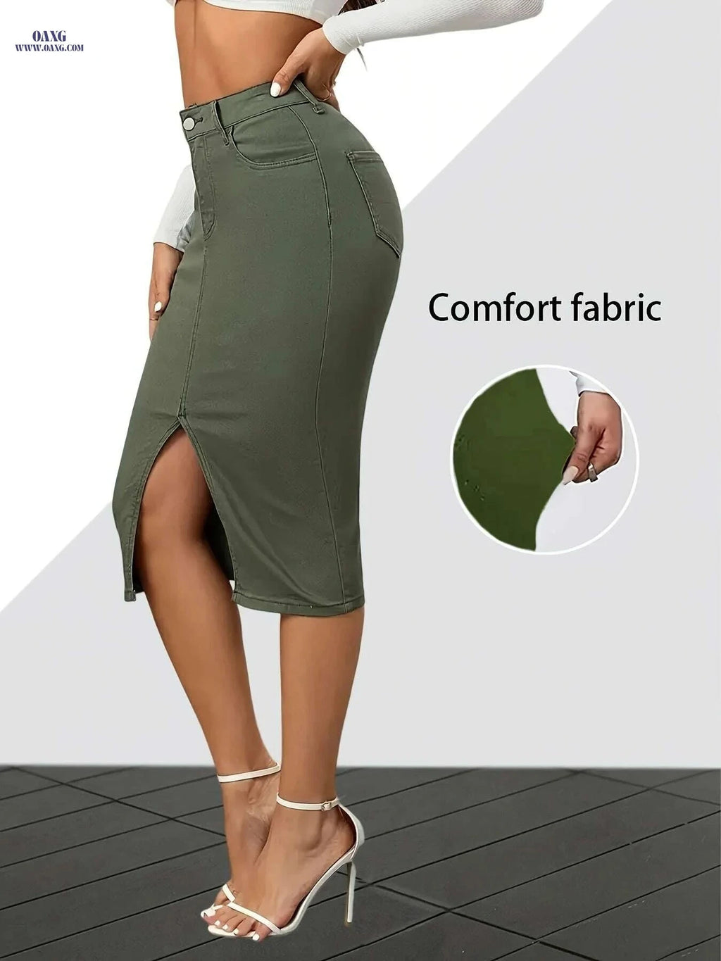 Women's High-Waist Stretch Denim Skirt - Slim Fit Bodycon Style   OAXG Army Green / XS