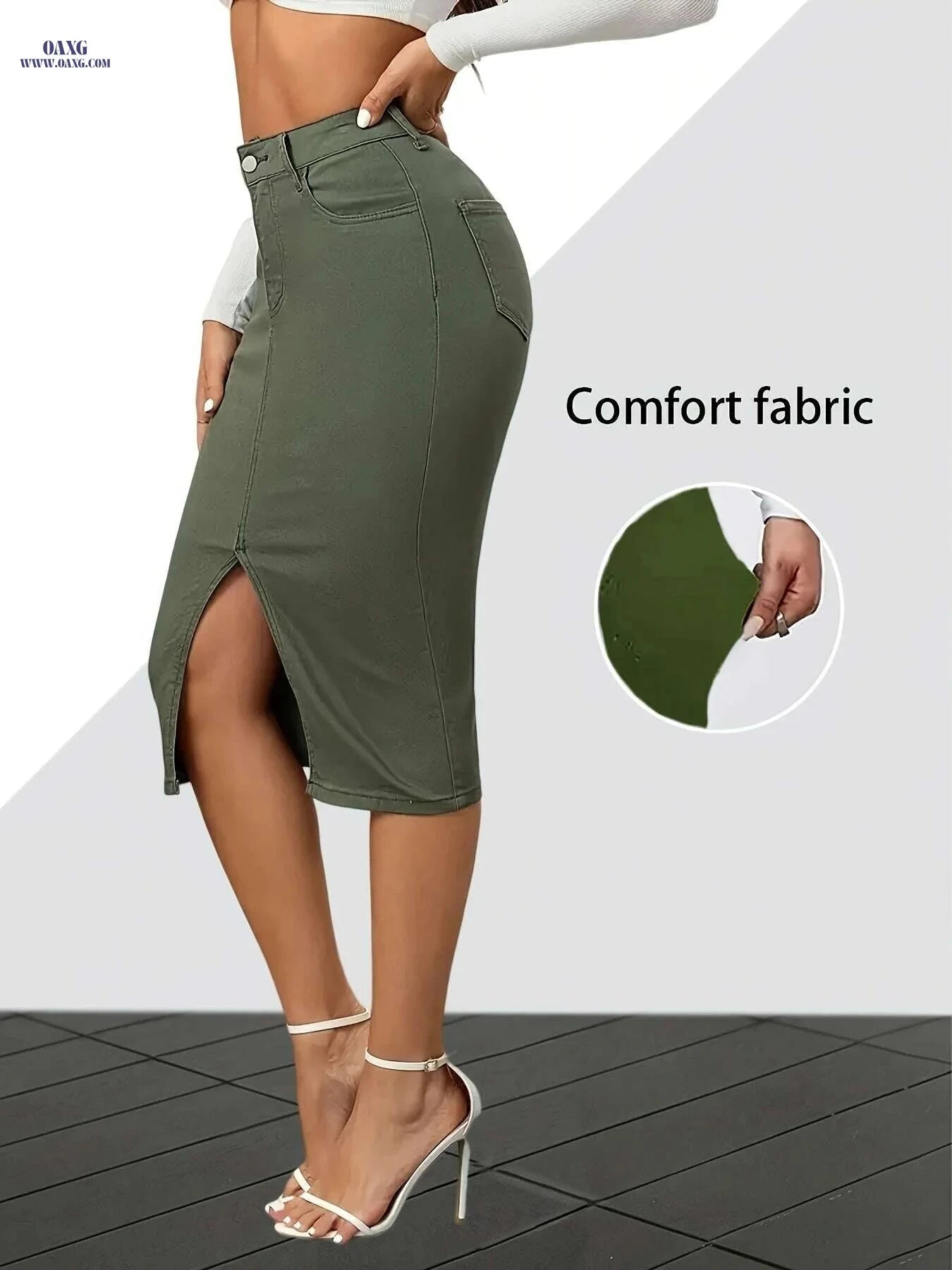 Women's High-Waist Stretch Denim Skirt - Slim Fit Bodycon Style   OAXG Army Green / XS