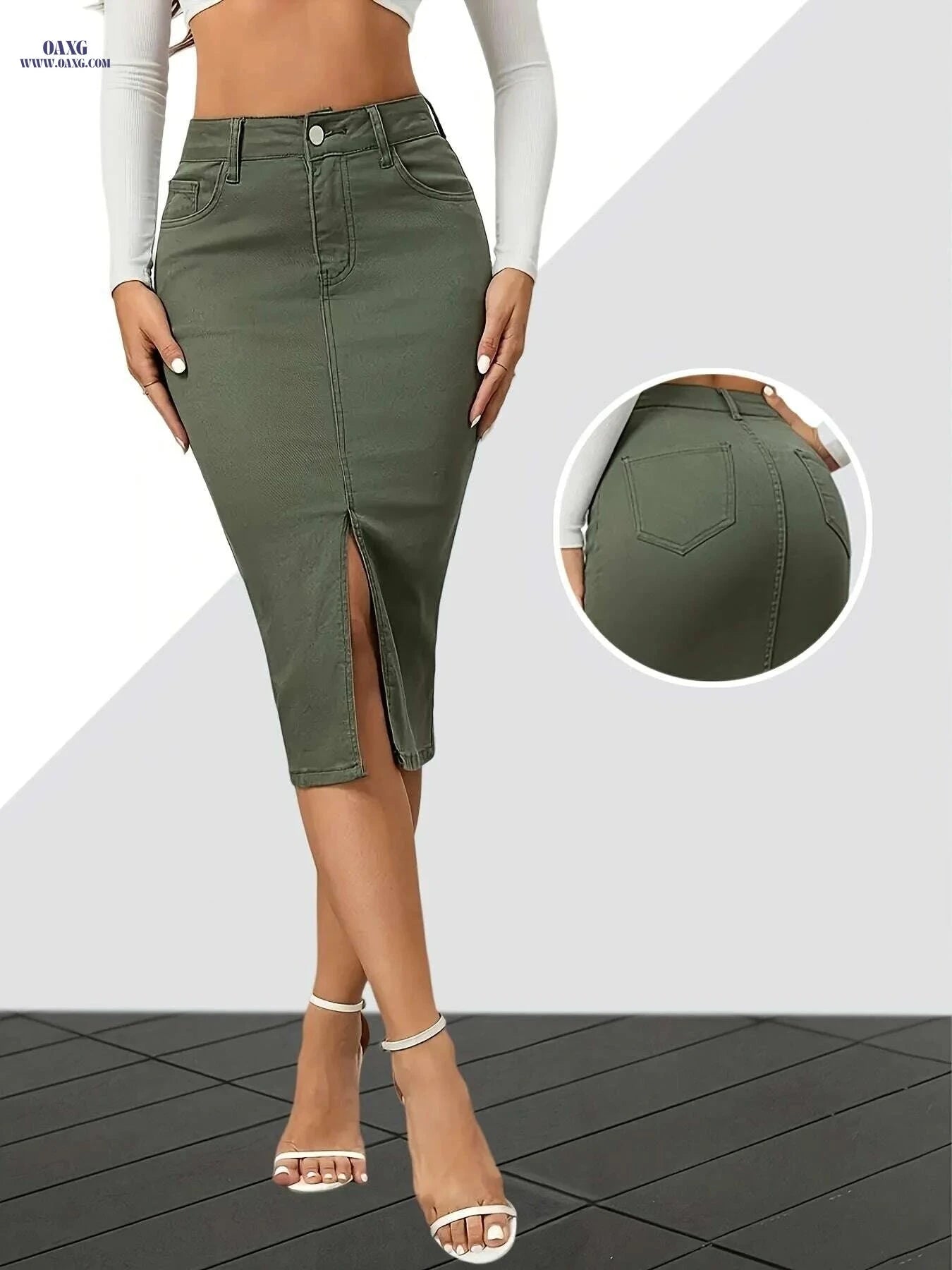 Women's High-Waist Stretch Denim Skirt - Slim Fit Bodycon Style   OAXG Army Green / XS