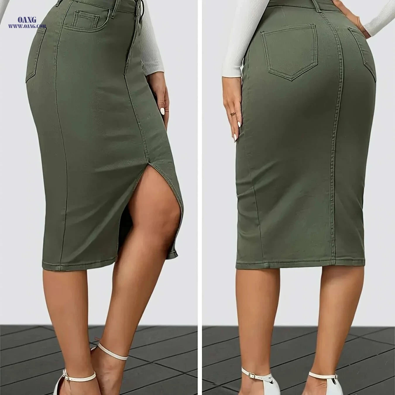 Women's High-Waist Stretch Denim Skirt - Slim Fit Bodycon Style   OAXG Army Green / XS