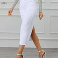Women's High-Waist Stretch Midi Skirt - Elegant Side Split Design   OAXG White / XS