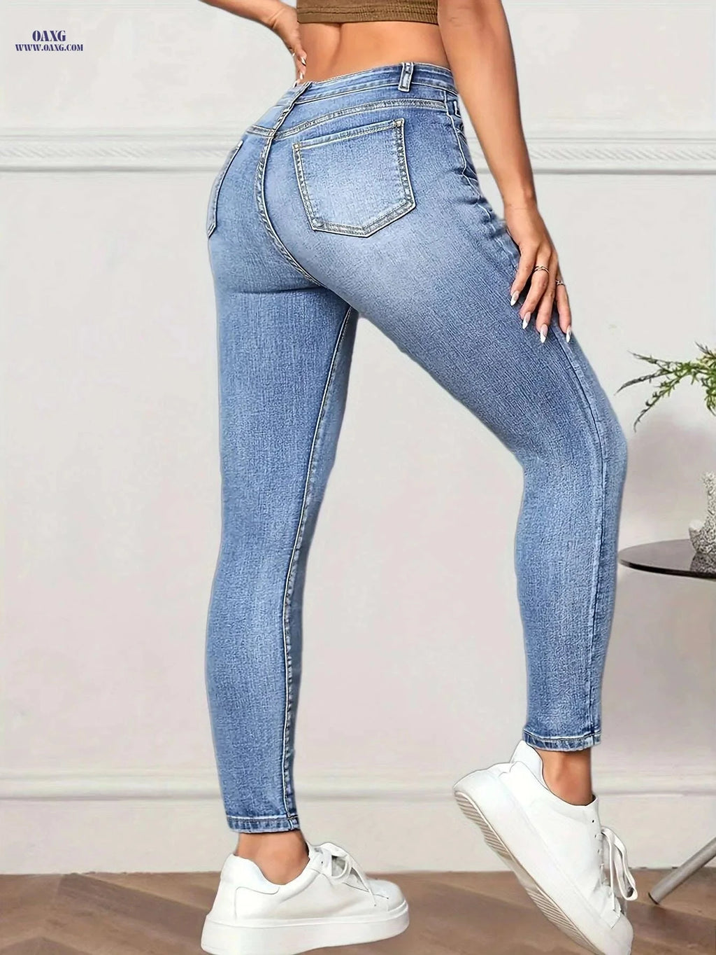 Women's High-Waist Stretch Skinny Jeans - Light Blue Casual Fashion   OAXG Blue / XS