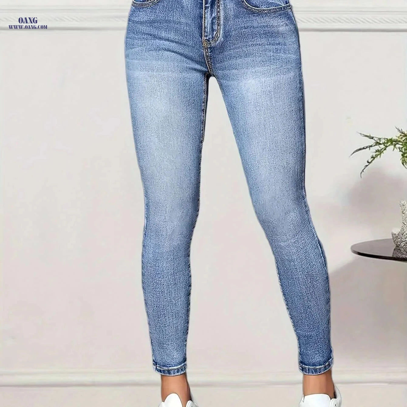 Women's High-Waist Stretch Skinny Jeans - Light Blue Casual Fashion   OAXG Blue / XS