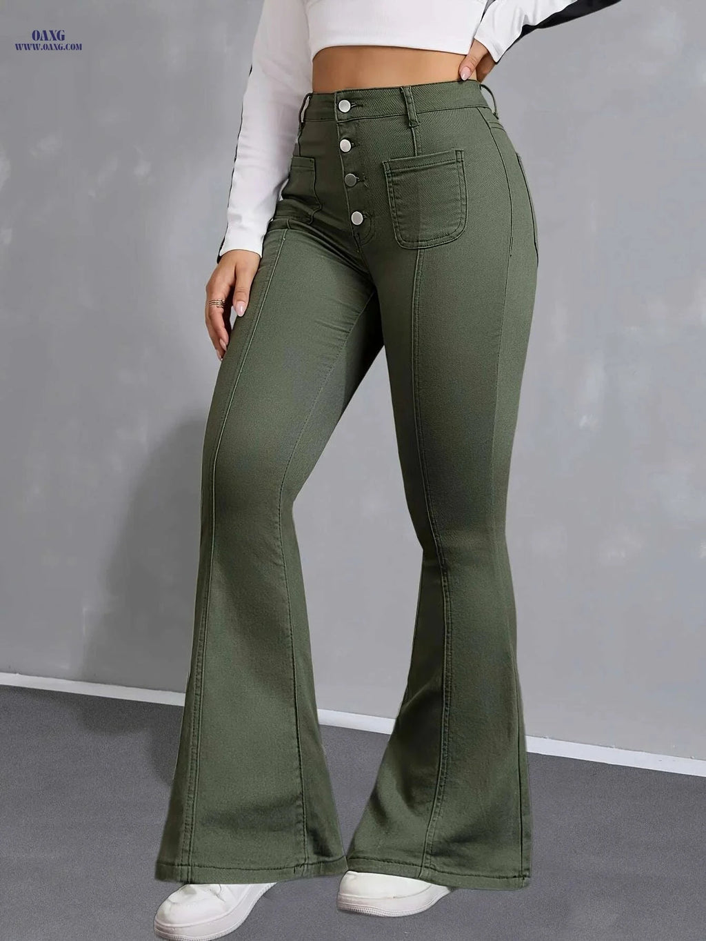 Women's High-Waist Stretchy Bell Bottom Jeans - Olive Green Casual Style   OAXG Army Green / XS