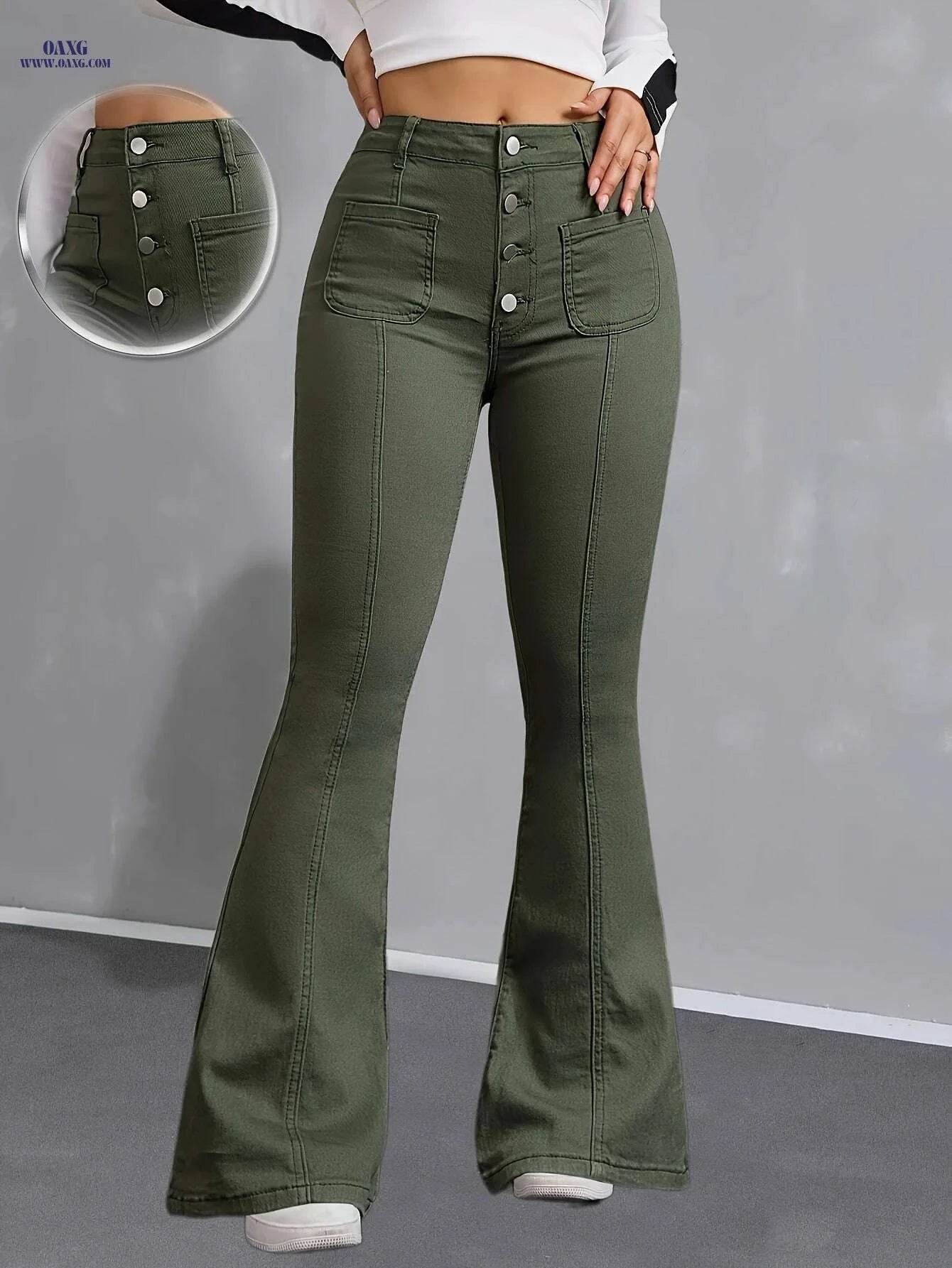 Women's High-Waist Stretchy Bell Bottom Jeans - Olive Green Casual Style   OAXG Army Green / XS