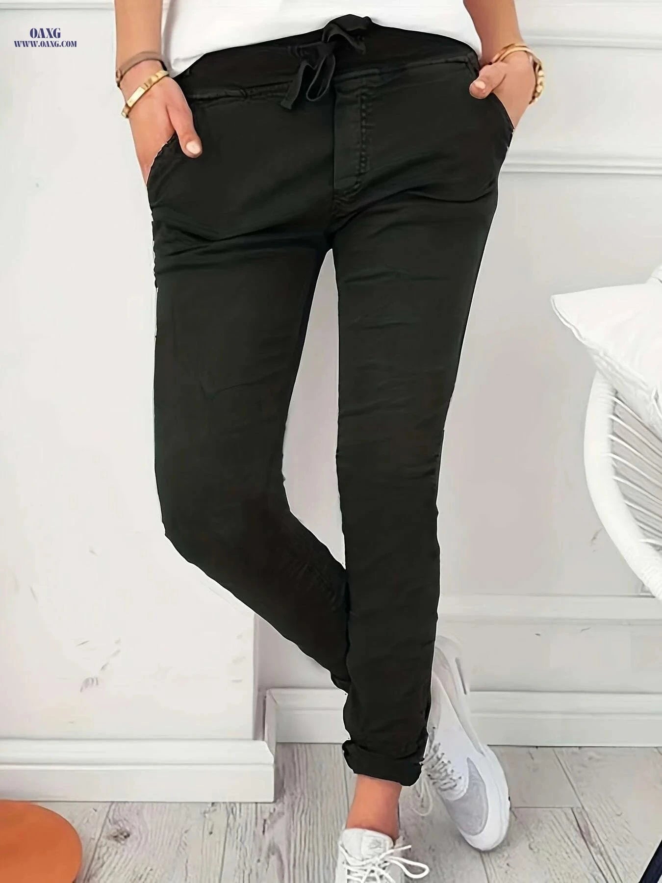 Women's High Waist Stretchy Pants - Casual with Pockets, Machine Washable   OAXG 