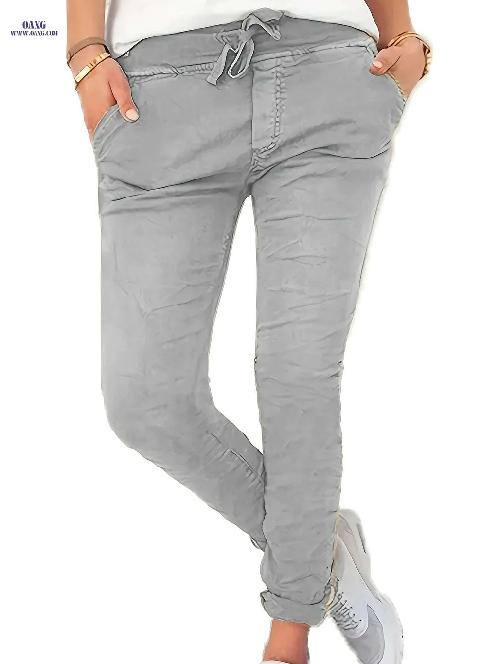 Women's High Waist Stretchy Pants - Casual with Pockets, Machine Washable   OAXG Black / S