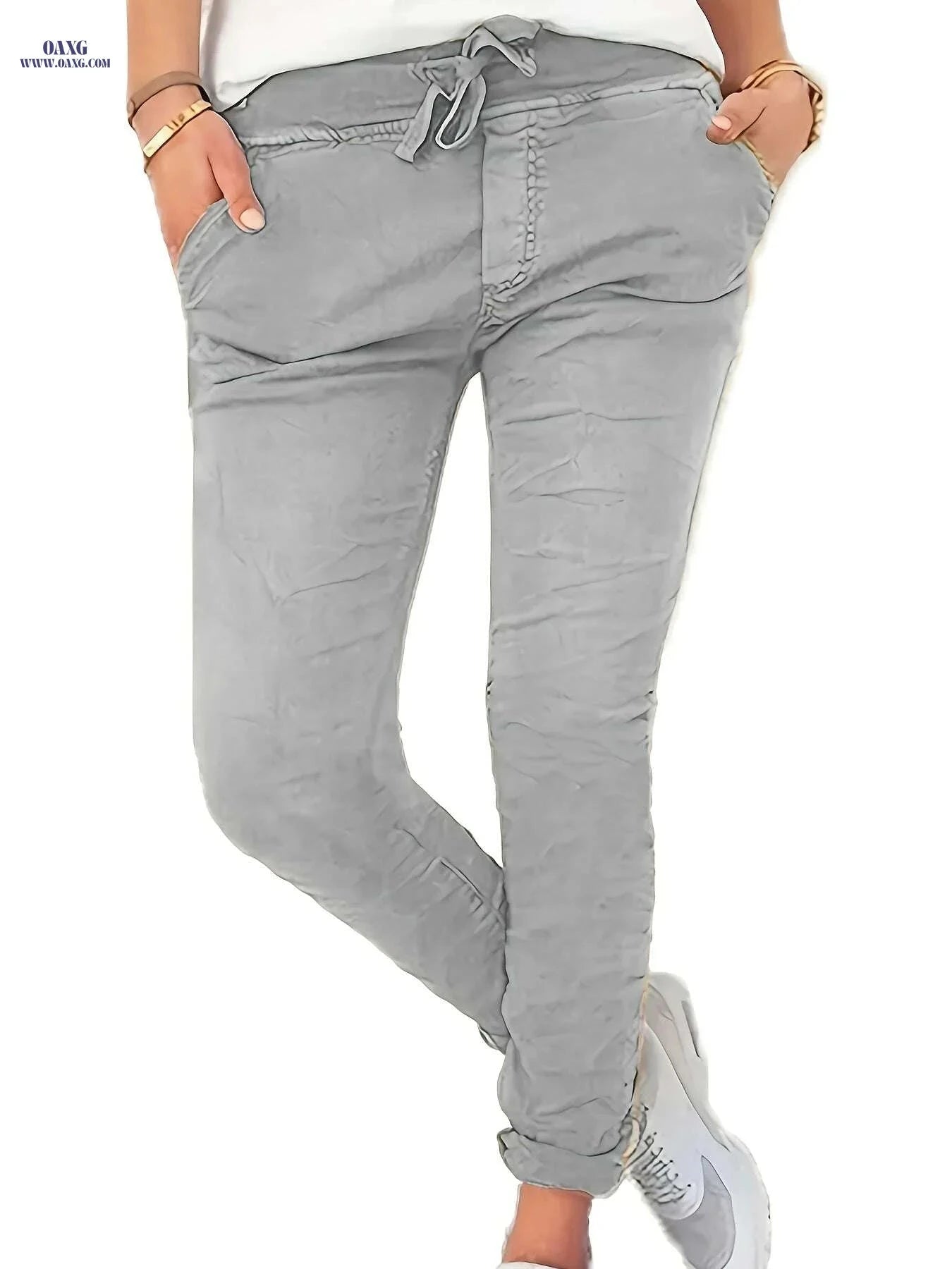 Women's High Waist Stretchy Pants - Casual with Pockets, Machine Washable   OAXG Black / S