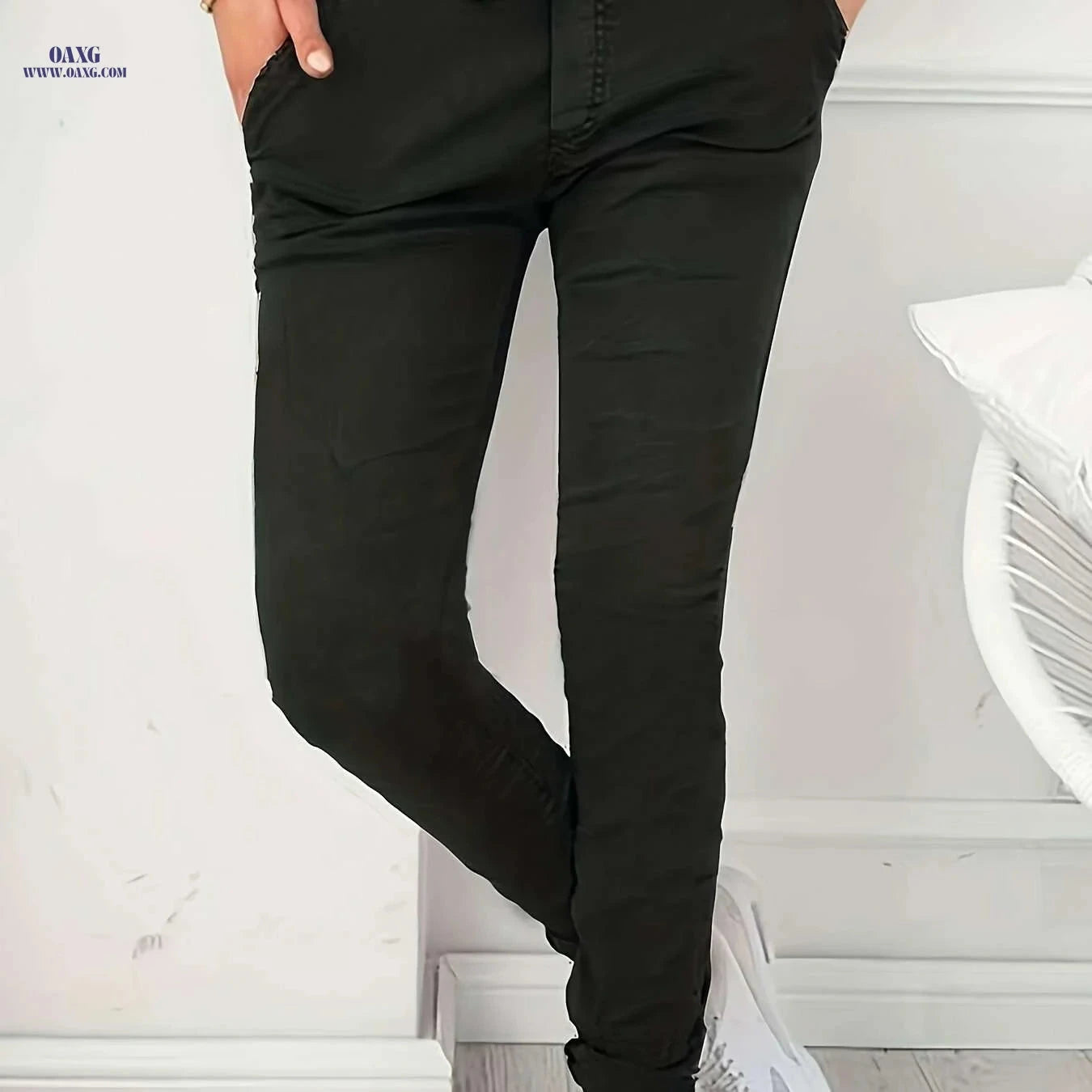 Women's High Waist Stretchy Pants - Casual with Pockets, Machine Washable   OAXG 