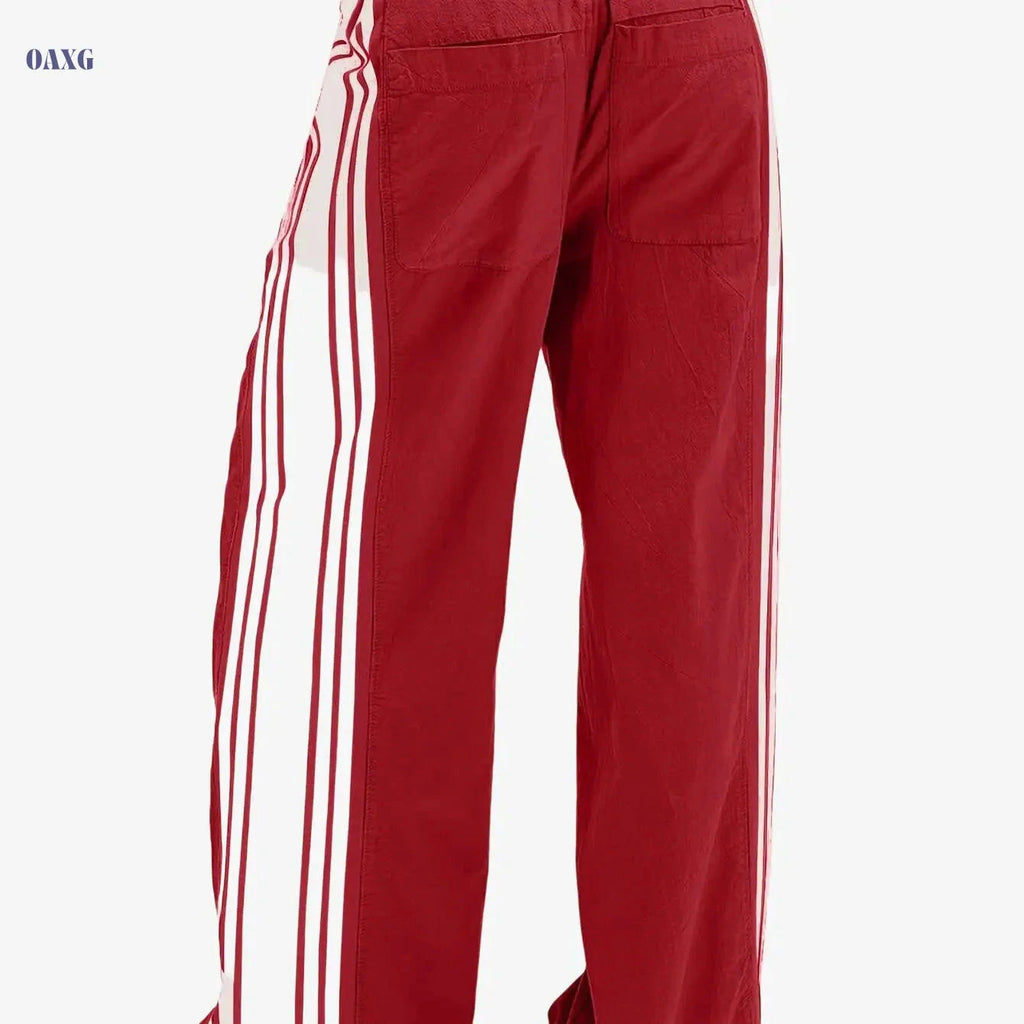 Women's High-Waist Striped Wide Leg Sweatpants - Pockets & Drawstring   OAXG 