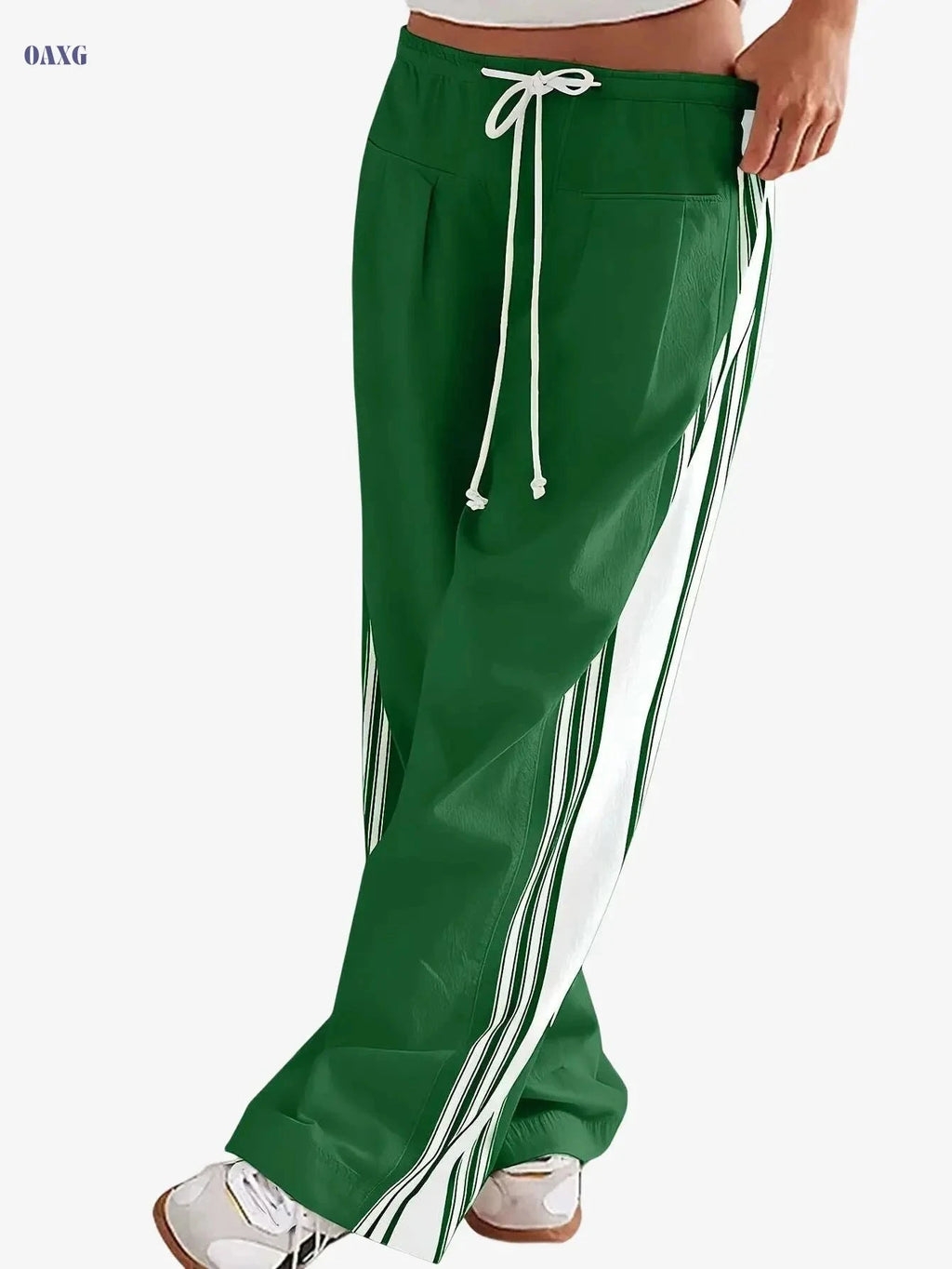 Women's High-Waist Striped Wide Leg Sweatpants - Pockets & Drawstring   OAXG 