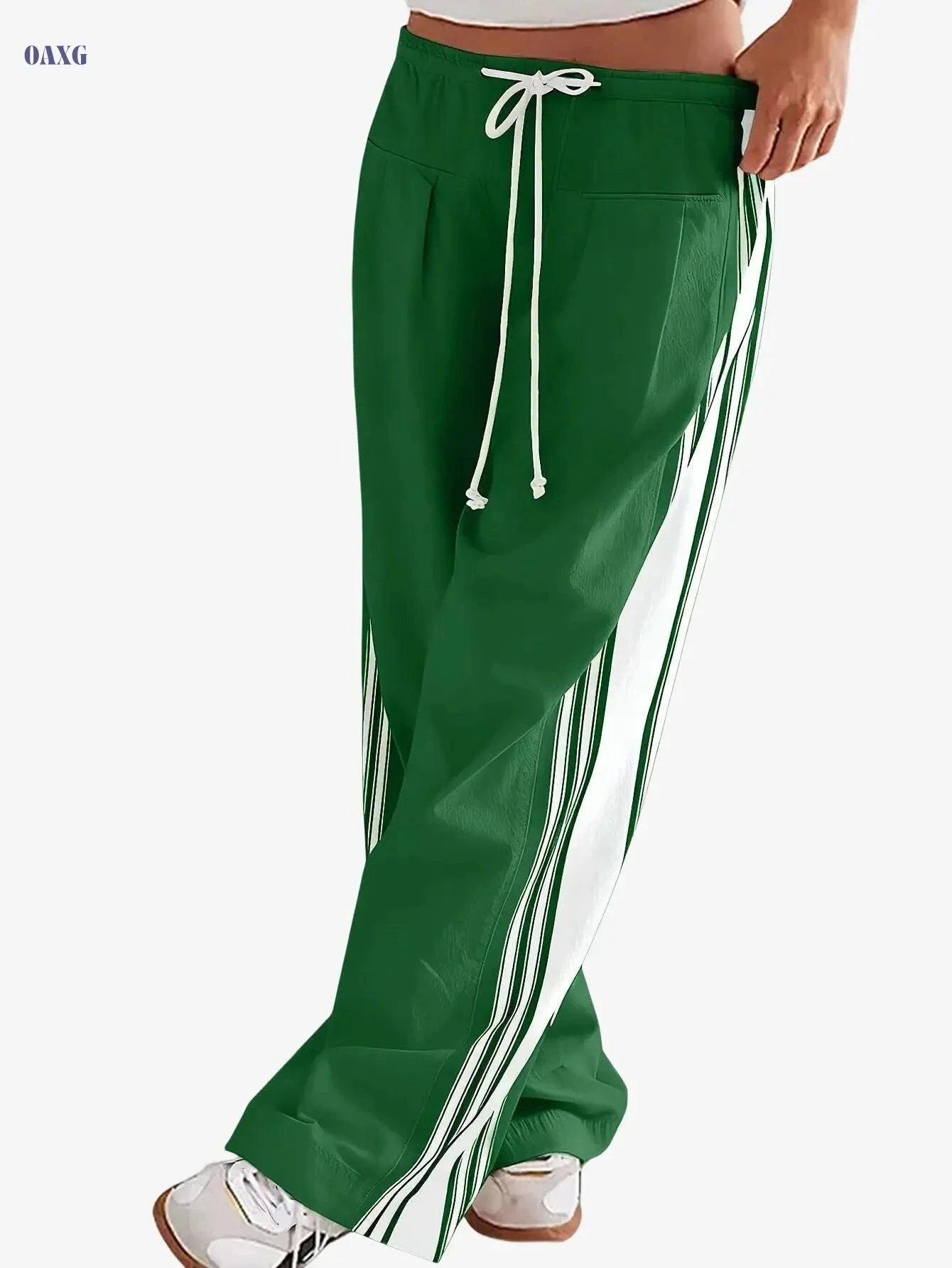 Women's High-Waist Striped Wide Leg Sweatpants - Pockets & Drawstring   OAXG 