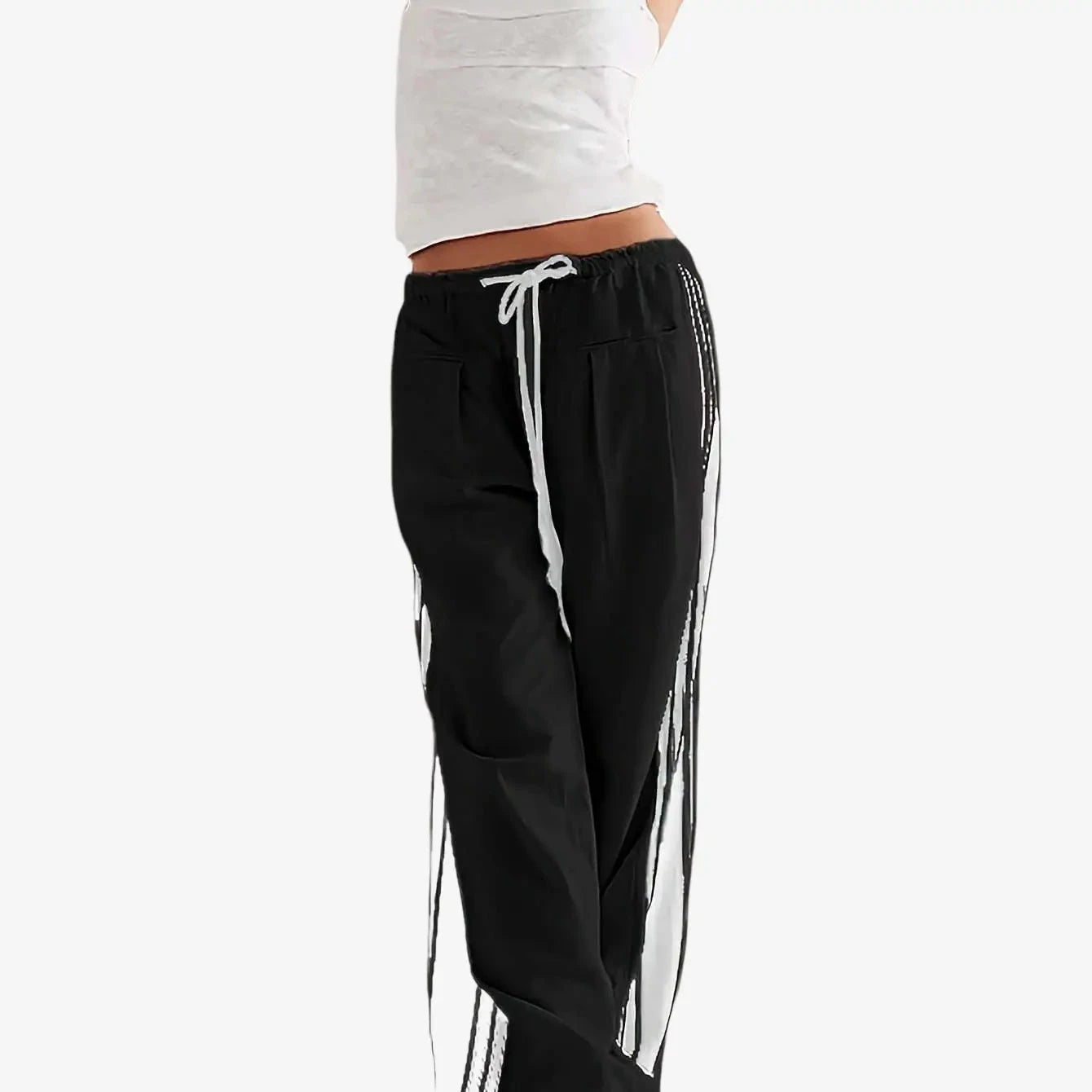 Women's High-Waist Striped Wide Leg Sweatpants - Pockets & Drawstring   OAXG 